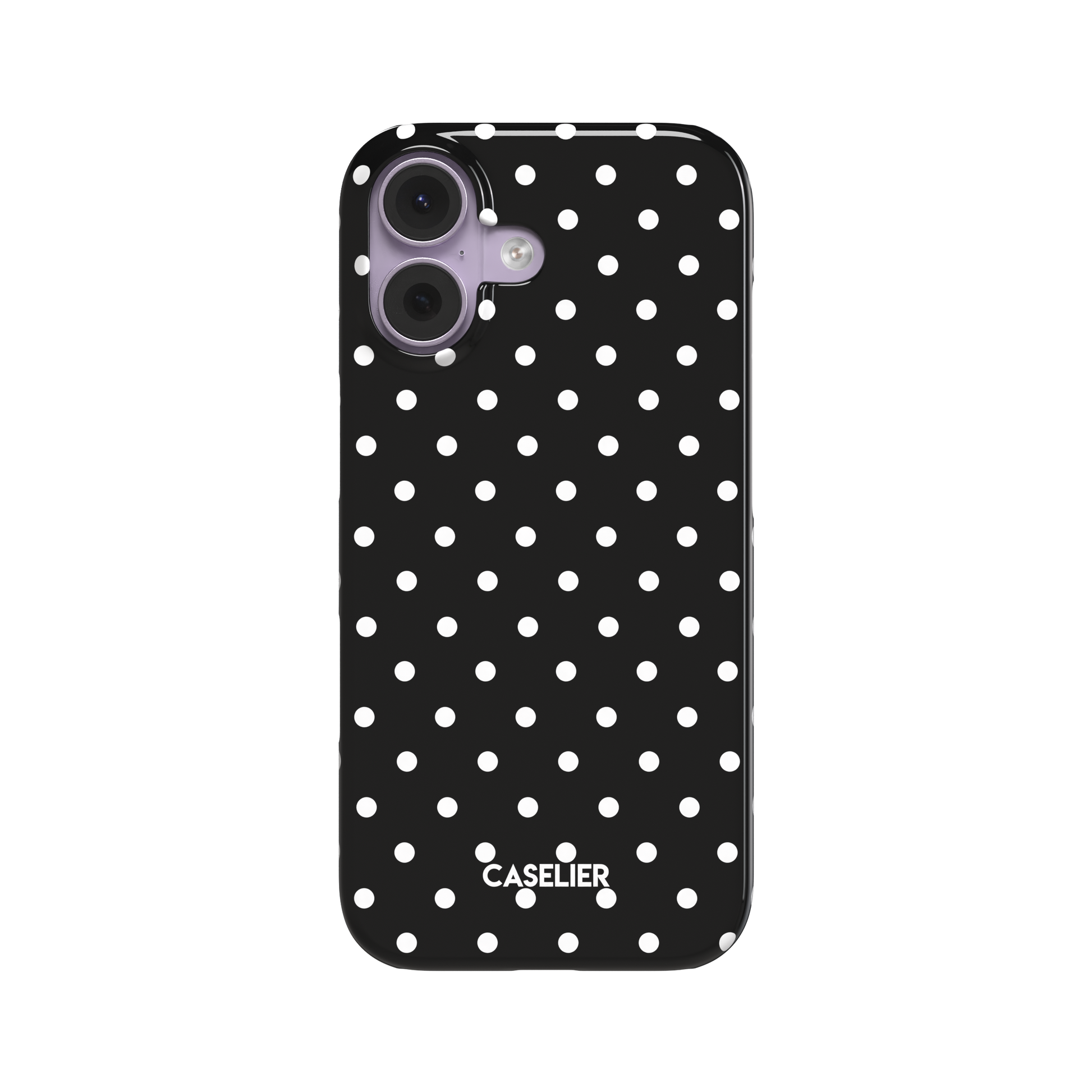 Polka Freckles phone case in black with a classic all-over white polka dot pattern, glossy finish, phone case by Caselier - snap case, front view | Caselier