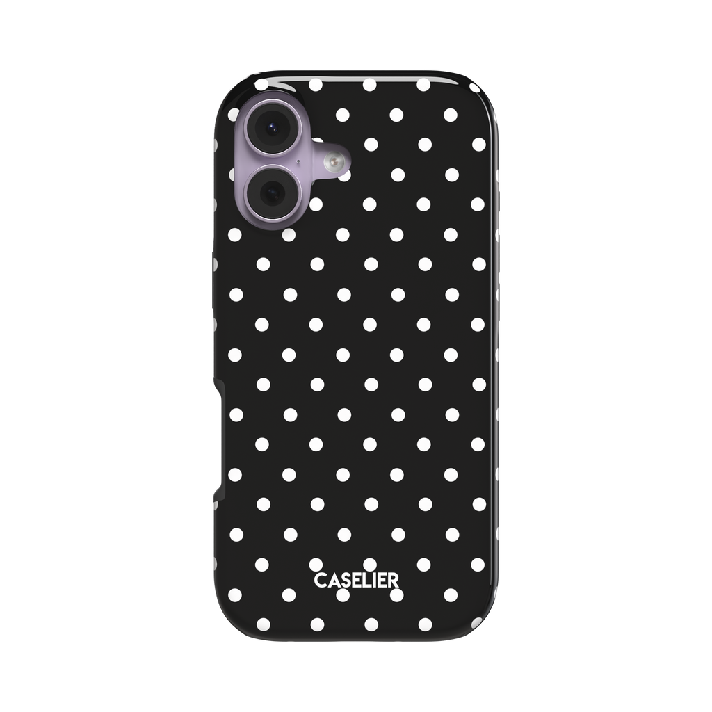 Polka Freckles phone case in black with a classic all-over white polka dot pattern, glossy finish, phone case by Caselier - tough case, front view | Caselier