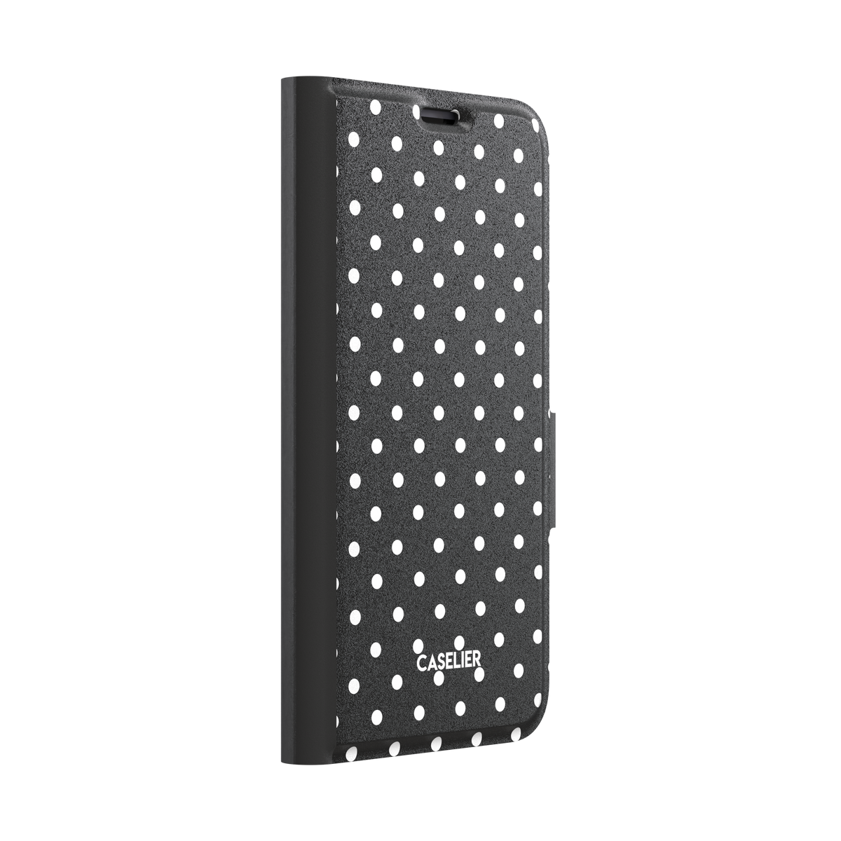 Polka Freckles, white polka dots on a bold black background, wallet case, left view, phone case by Caselier