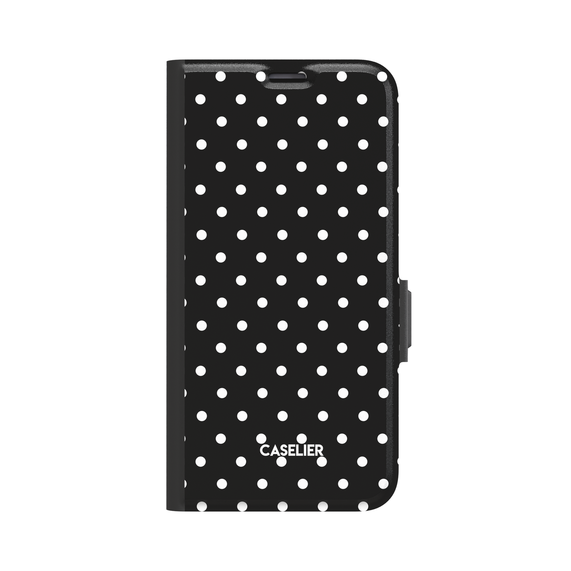 Polka Freckles phone case in black with a classic all-over white polka dot pattern, glossy finish, phone case by Caselier - wallet case, front view | Caselier