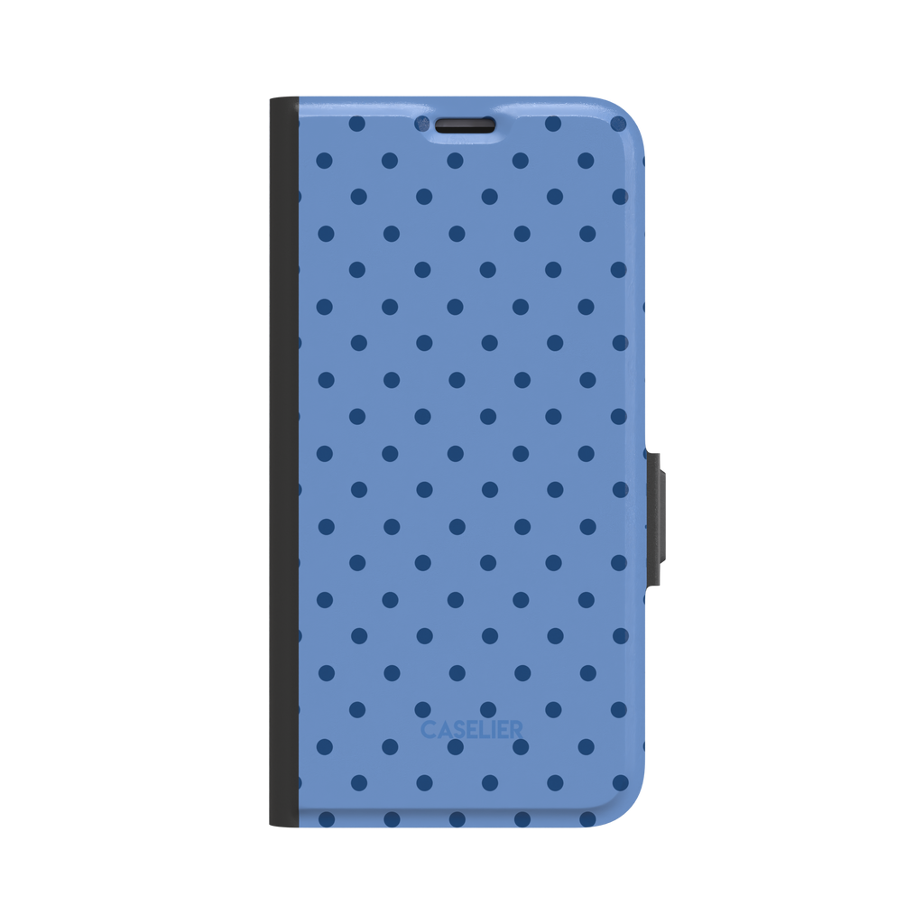 Polka Freckles phone case in cornflower blue with tone-on-tone navy polka dot pattern, glossy finish, phone case by Caselier - wallet case, front view | Caselier