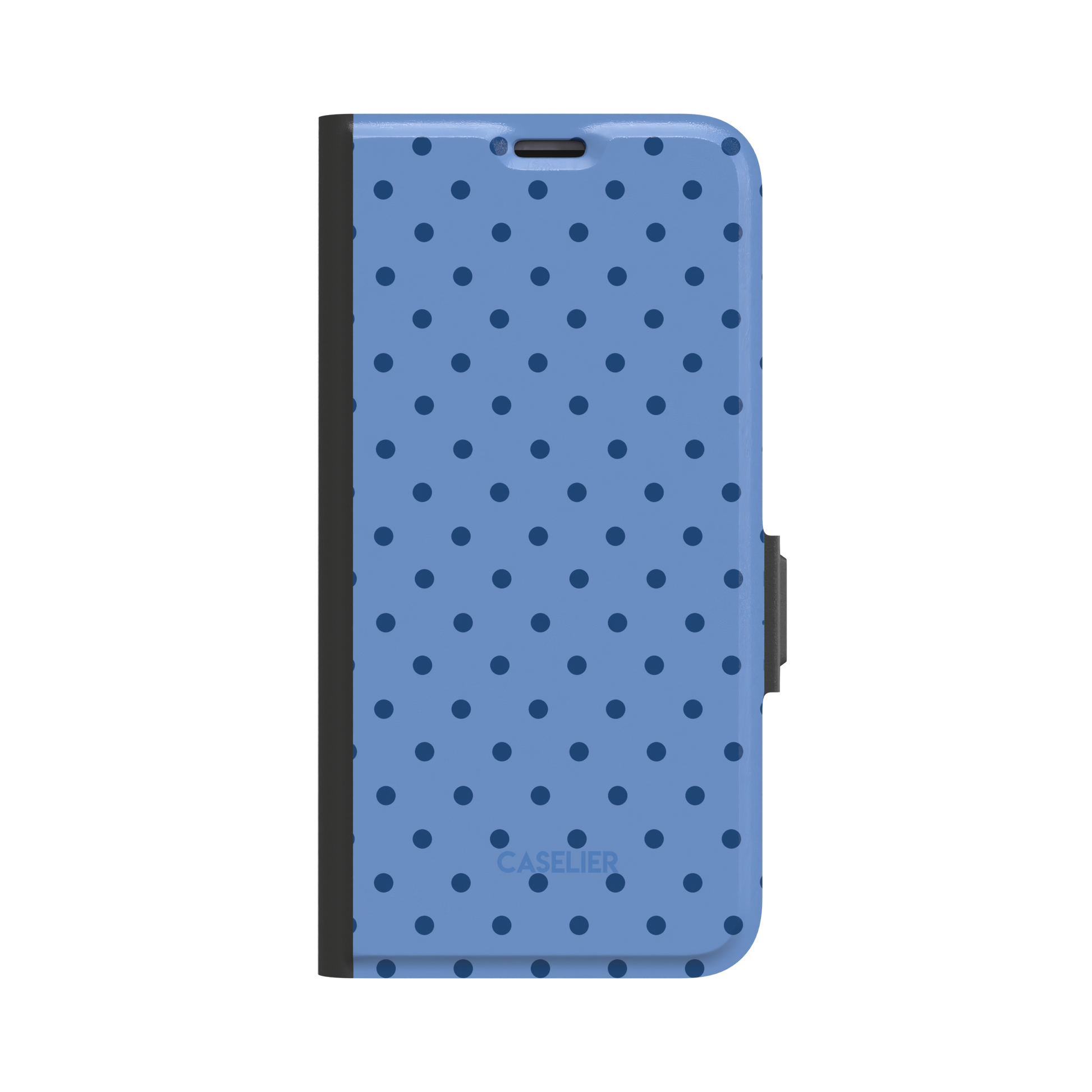 Polka Freckles phone case in cornflower blue with tone-on-tone navy polka dot pattern, glossy finish, phone case by Caselier - wallet case, front view | Caselier