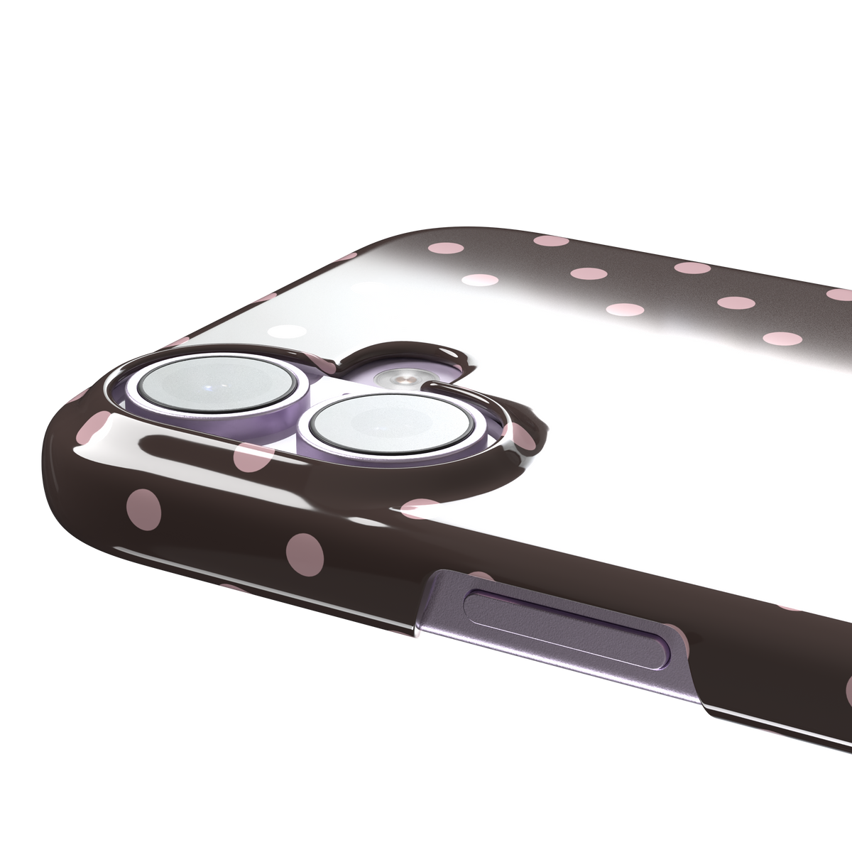 Polka Freckles, pink polka dots on a rich chocolate brown background, snap case, volume buttons detail, phone case by Caselier