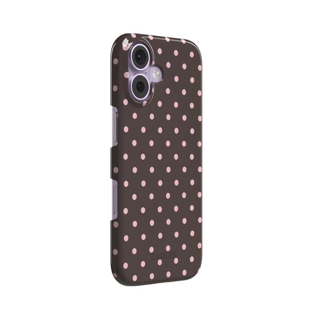 Polka Freckles, pink polka dots on a rich chocolate brown background, snap case, left view, phone case by Caselier