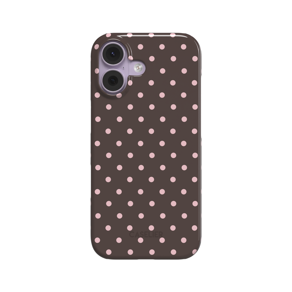 Polka Freckles phone case in dark brown with an all-over blush pink polka dot pattern, glossy finish, phone case by Caselier - snap case, front view | Caselier