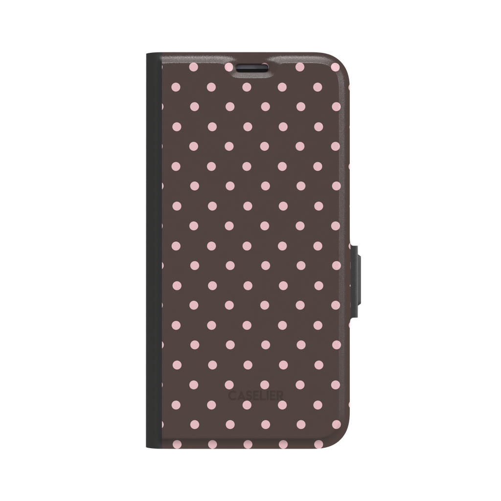 Polka Freckles phone case in dark brown with an all-over blush pink polka dot pattern, glossy finish, phone case by Caselier - wallet case, front view | Caselier