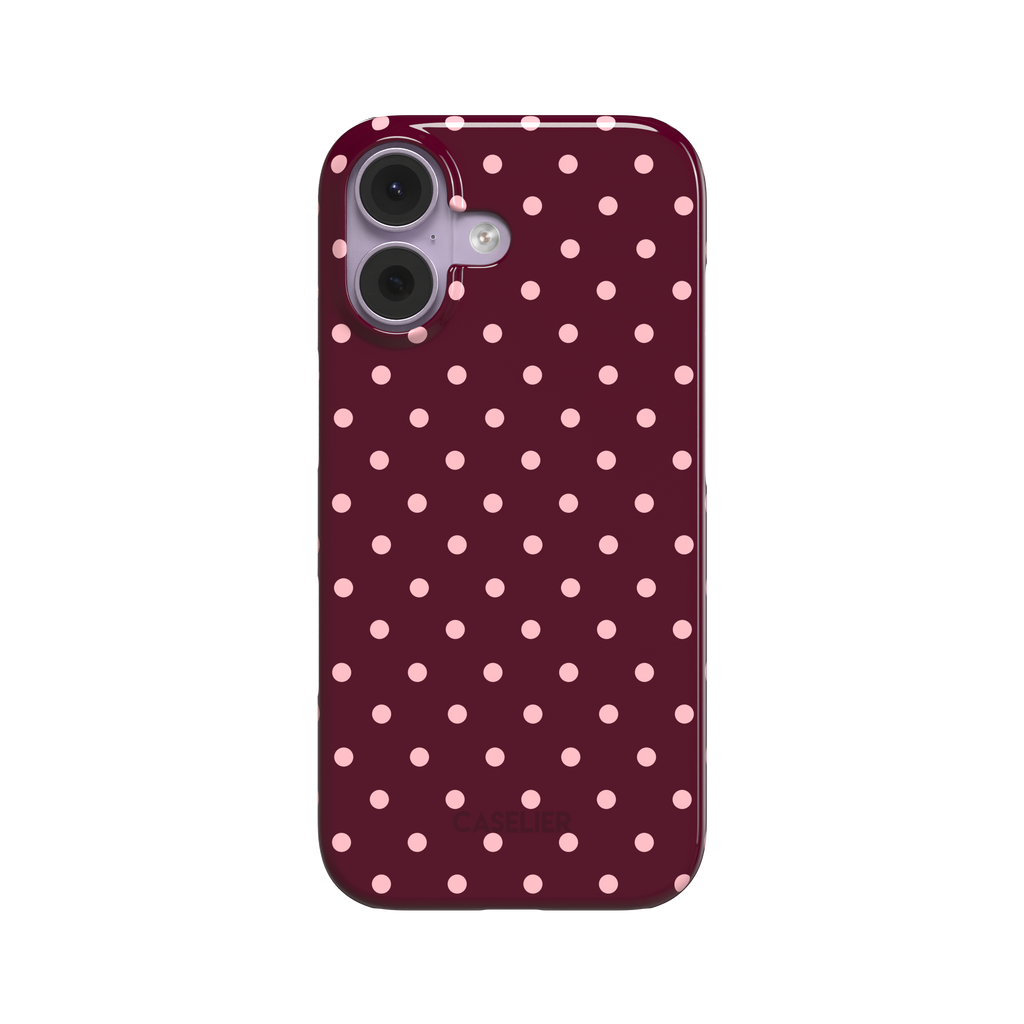 Polka Freckles phone case in deep burgundy with an all-over soft pink polka dot pattern, glossy finish, phone case by Caselier - snap case, front view | Caselier