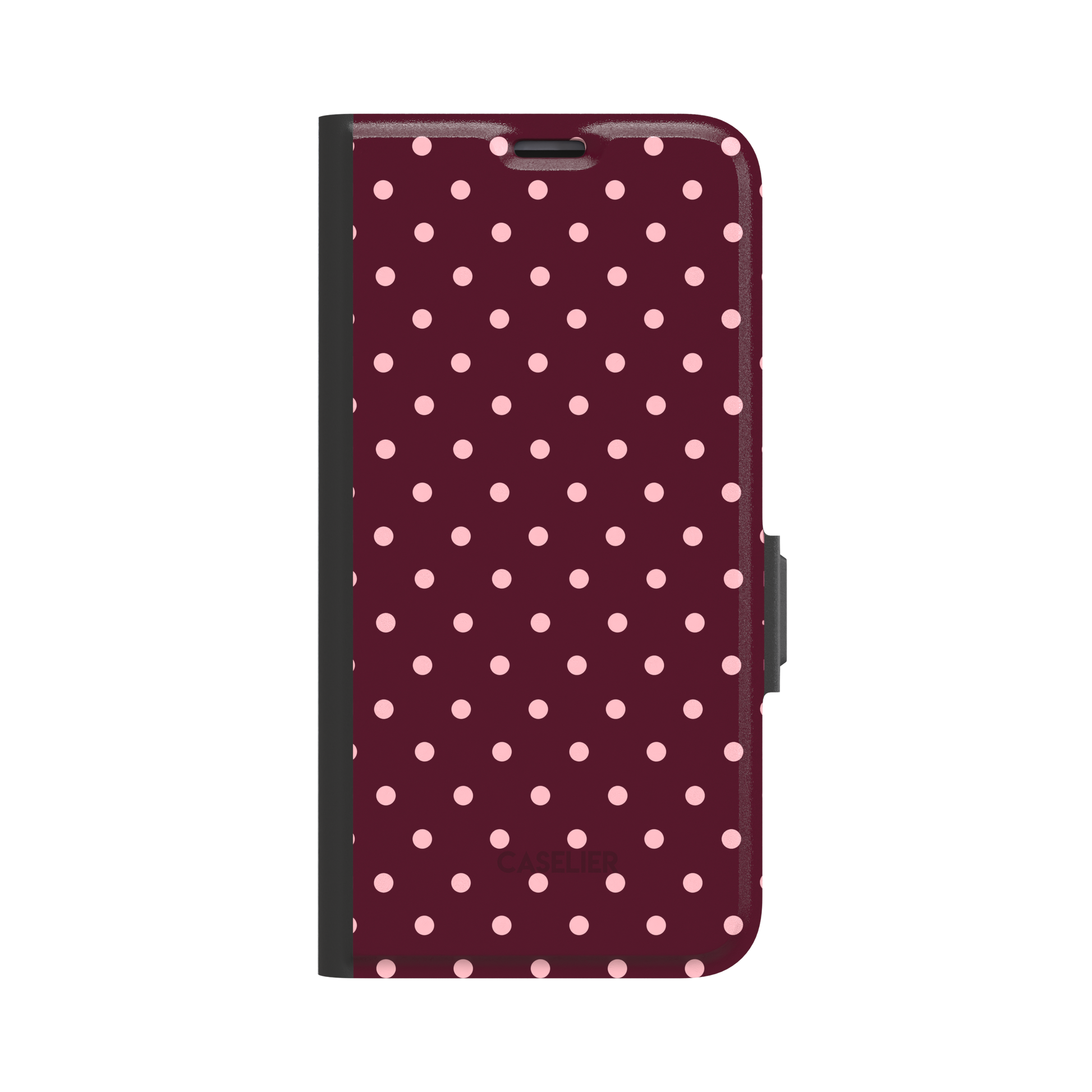 Polka Freckles phone case in deep burgundy with an all-over soft pink polka dot pattern, glossy finish, phone case by Caselier - wallet case, front view | Caselier
