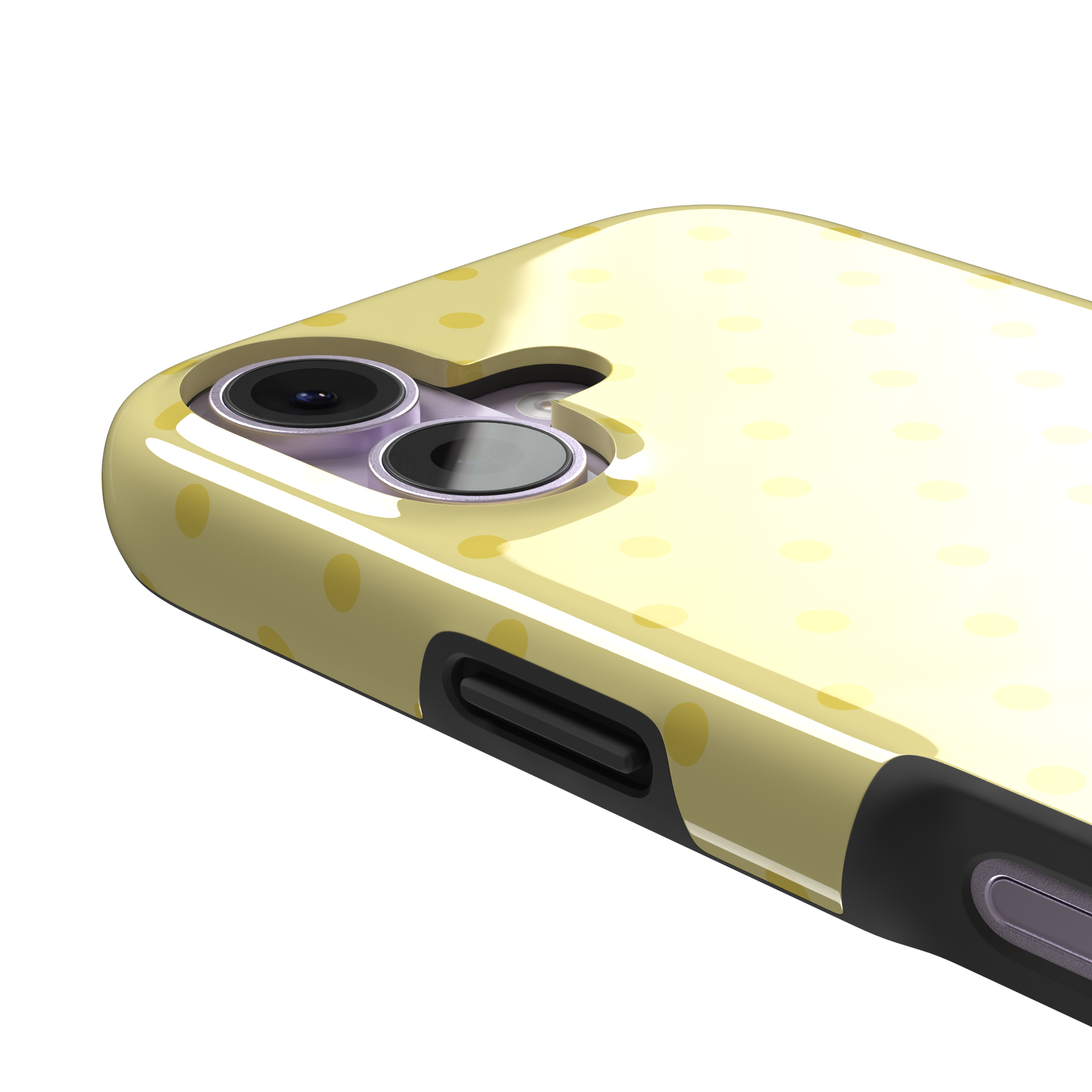 Polka Freckles, yellow polka dots on a soft buttery yellow background, tough case, volume buttons detail, phone case by Caselier