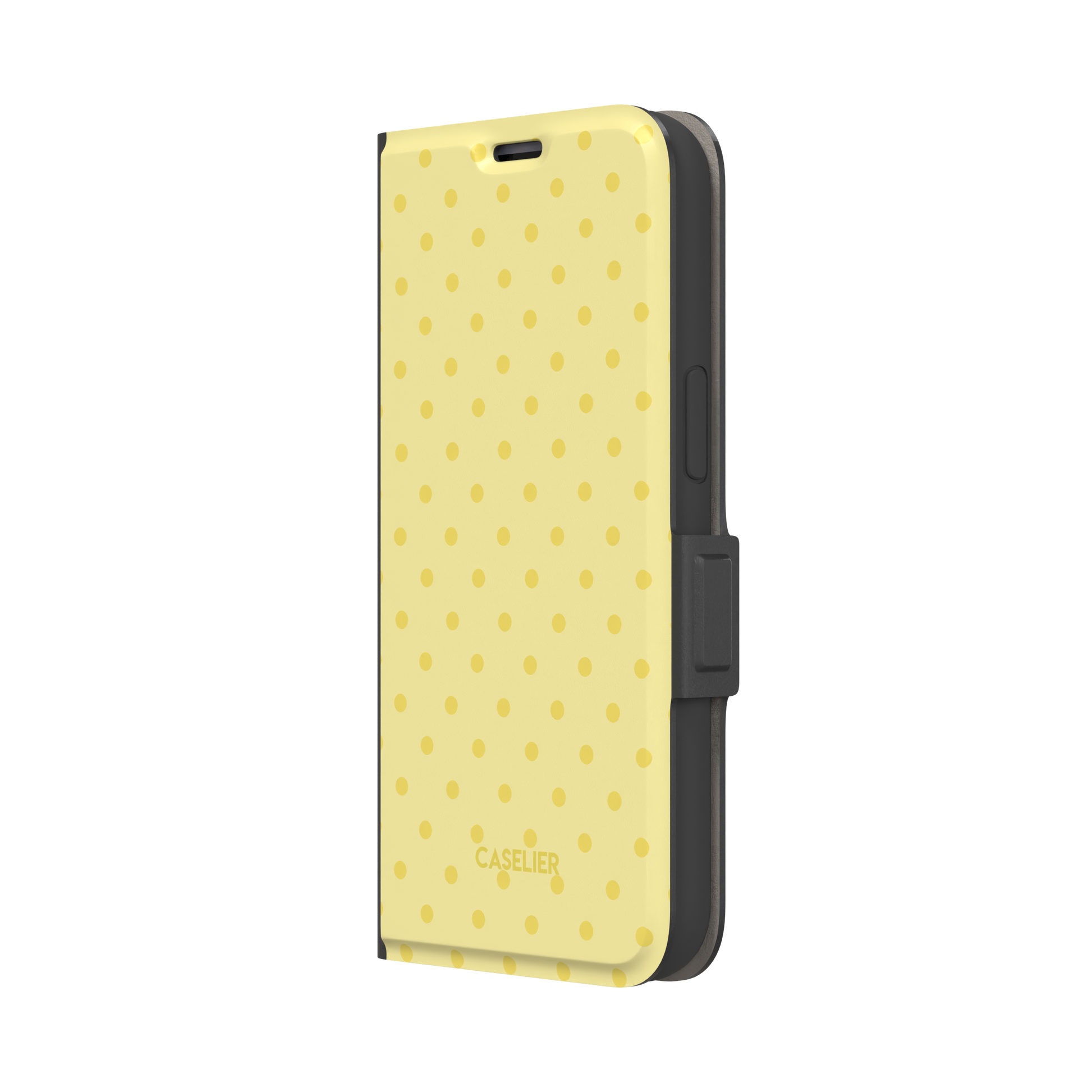 Polka Freckles, yellow polka dots on a soft buttery yellow background, wallet case, right view, phone case by Caselier