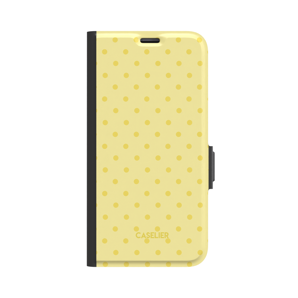 Polka Freckles phone case in soft lemon yellow with tone-on-tone deeper yellow polka dot pattern, glossy finish, phone case by Caselier - wallet case, front view | Caselier