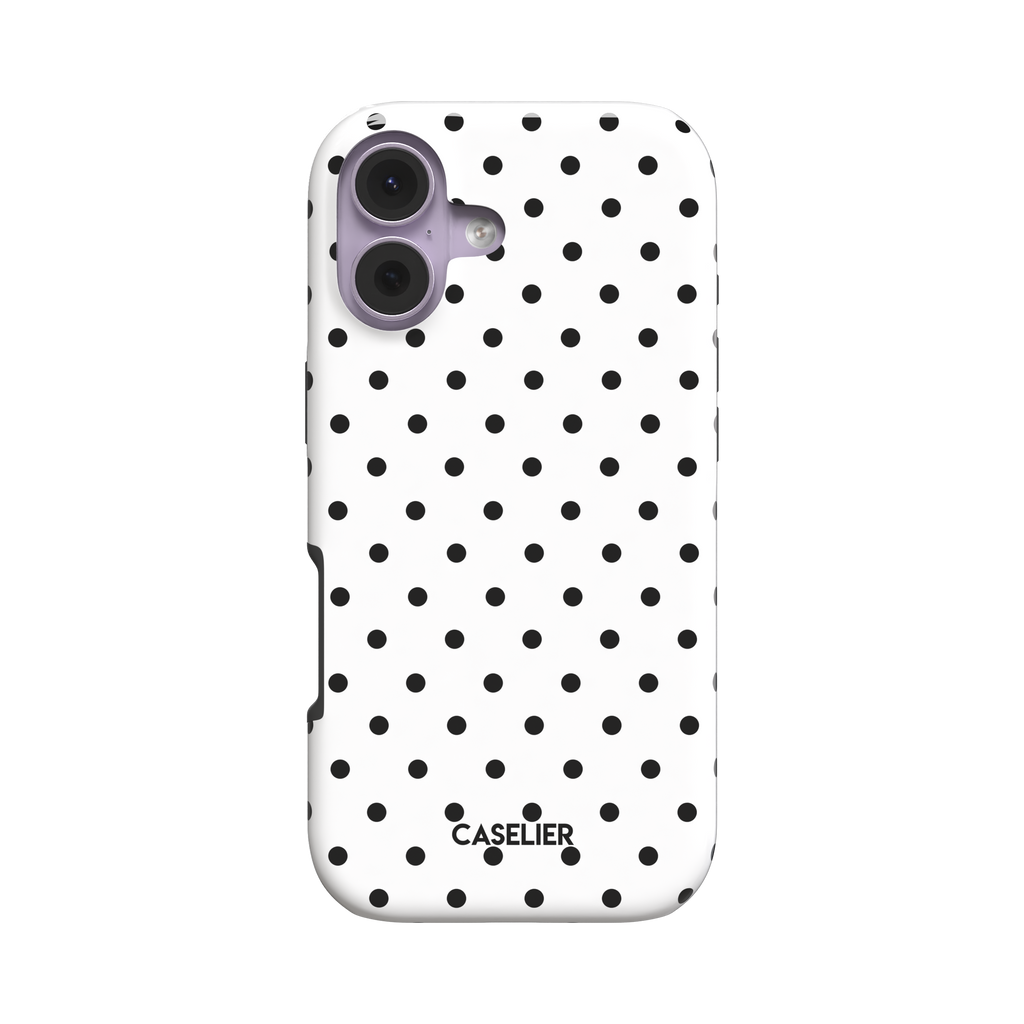Polka Freckles phone case in white with an all-over black polka dot pattern, glossy finish, phone case by Caselier - tough case, front view | Caselier