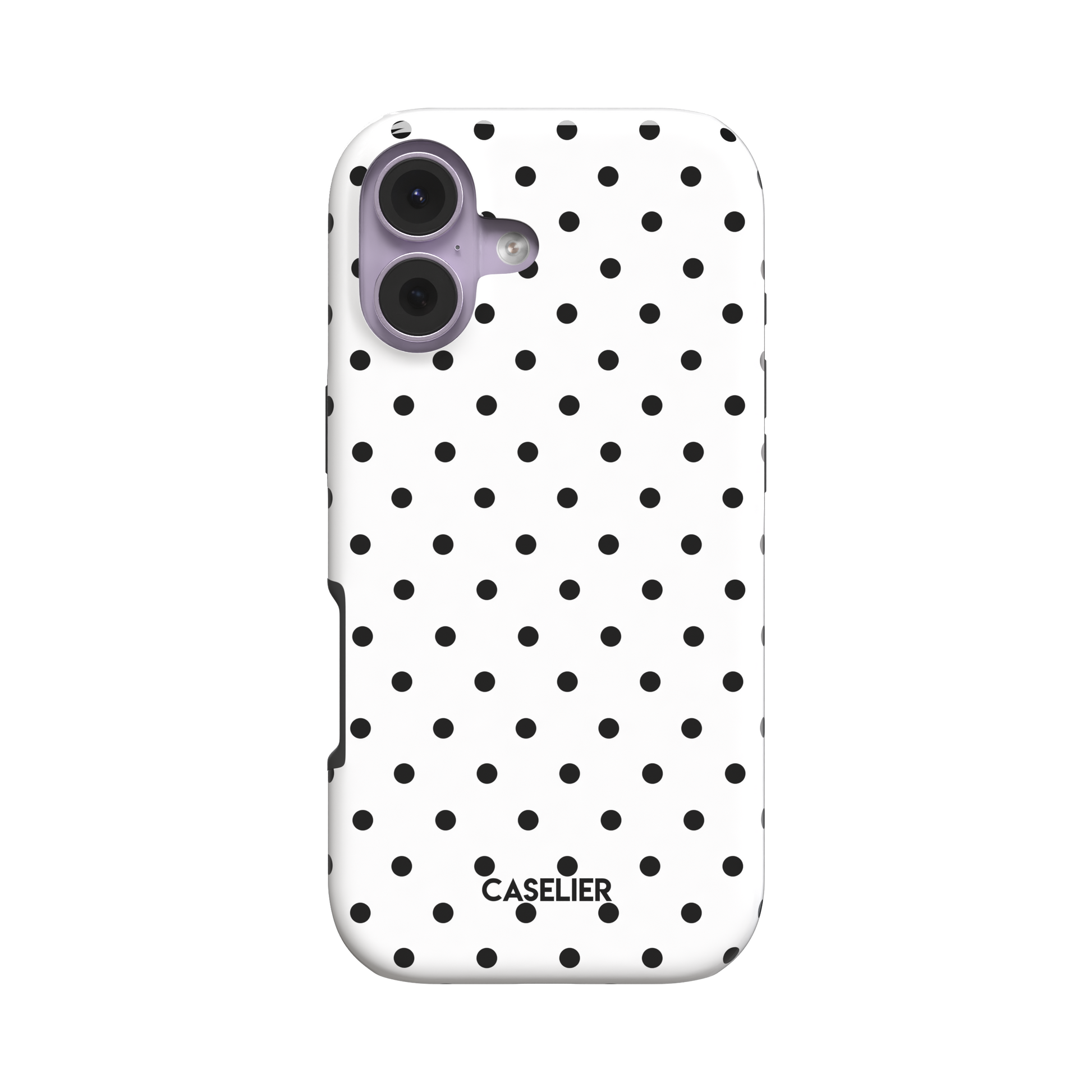 Polka Freckles phone case in white with an all-over black polka dot pattern, glossy finish, phone case by Caselier - tough case, front view | Caselier