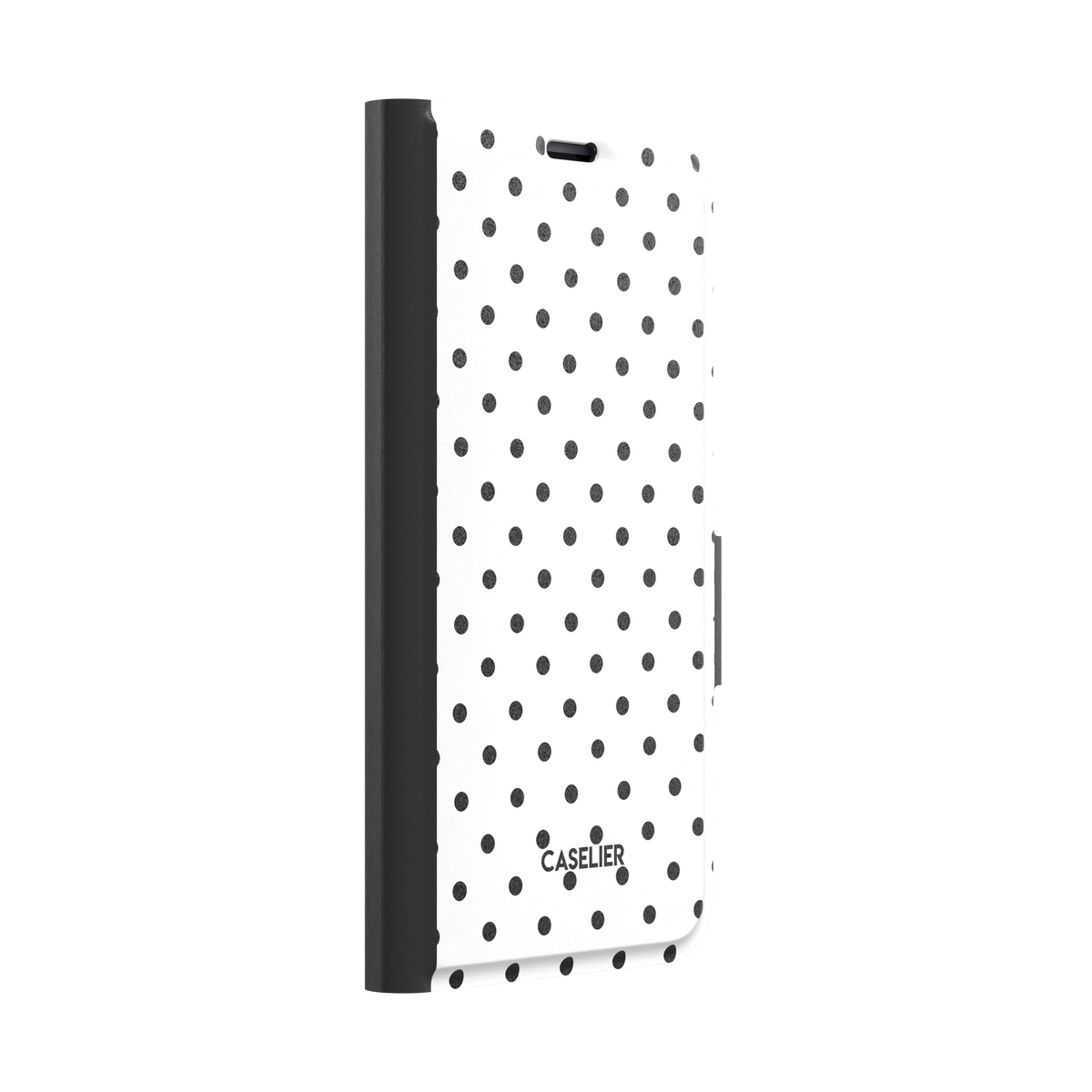 Polka Freckles, black polka dots on a crisp white background, wallet case, left view, phone case by Caselier