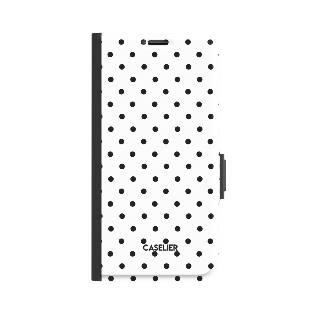 Polka Freckles phone case in white with an all-over black polka dot pattern, glossy finish, phone case by Caselier - wallet case, front view | Caselier