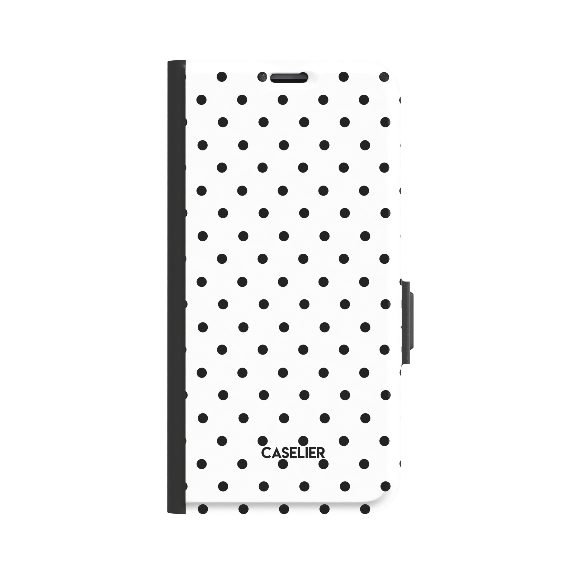 Polka Freckles phone case in white with an all-over black polka dot pattern, glossy finish, phone case by Caselier - wallet case, front view | Caselier