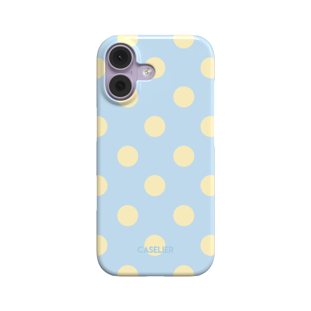 Polka Spots phone case in baby blue with large cream-yellow polka dots, slim snap case style, front-facing product shot on white background, phone case by Caselier - snap case, front view | Caselier