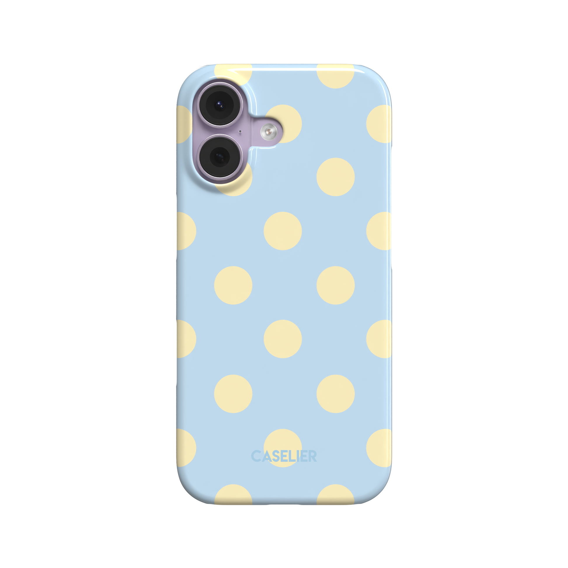 Polka Spots phone case in baby blue with large cream-yellow polka dots, slim snap case style, front-facing product shot on white background, phone case by Caselier - snap case, front view | Caselier