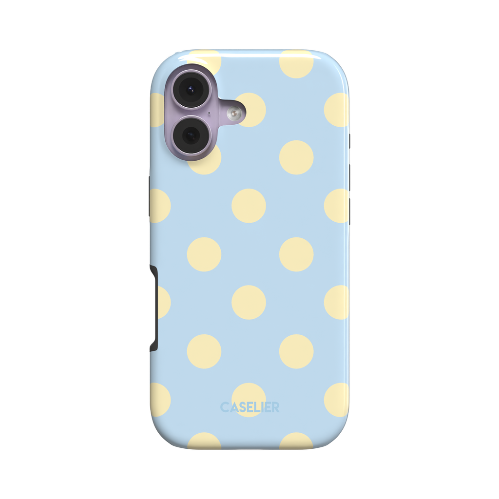 Polka Spots phone case in baby blue with cream-yellow polka dots, dual-layer tough case style showing side profile, white background, phone case by Caselier - tough case, front view | Caselier