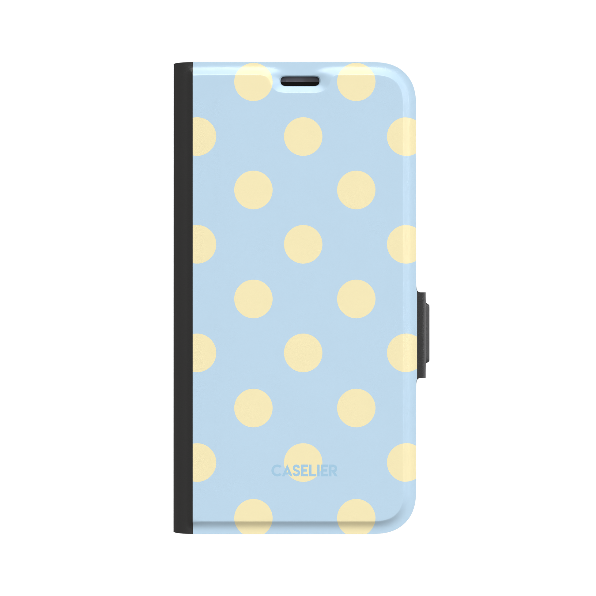 Polka Spots folio wallet case in baby blue with cream-yellow polka dots, black spine and clasp, front-facing product shot on white background, phone case by Caselier - wallet case, front view | Caselier