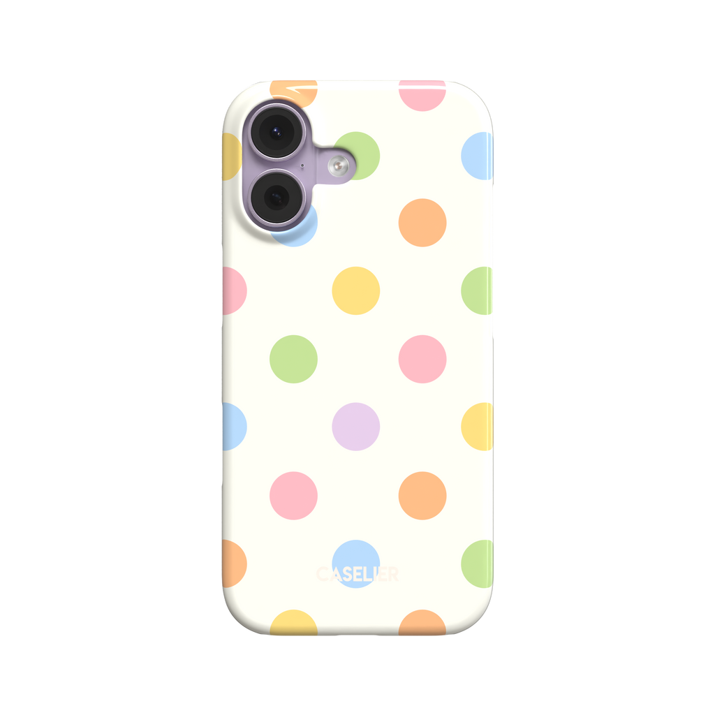 Polka Spots phone case in cream white with multicolour pastel polka dots in pink, orange, yellow, green, blue and lavender, slim snap case style, front-facing product shot on white background, phone case by Caselier - snap case, front view | Caselier
