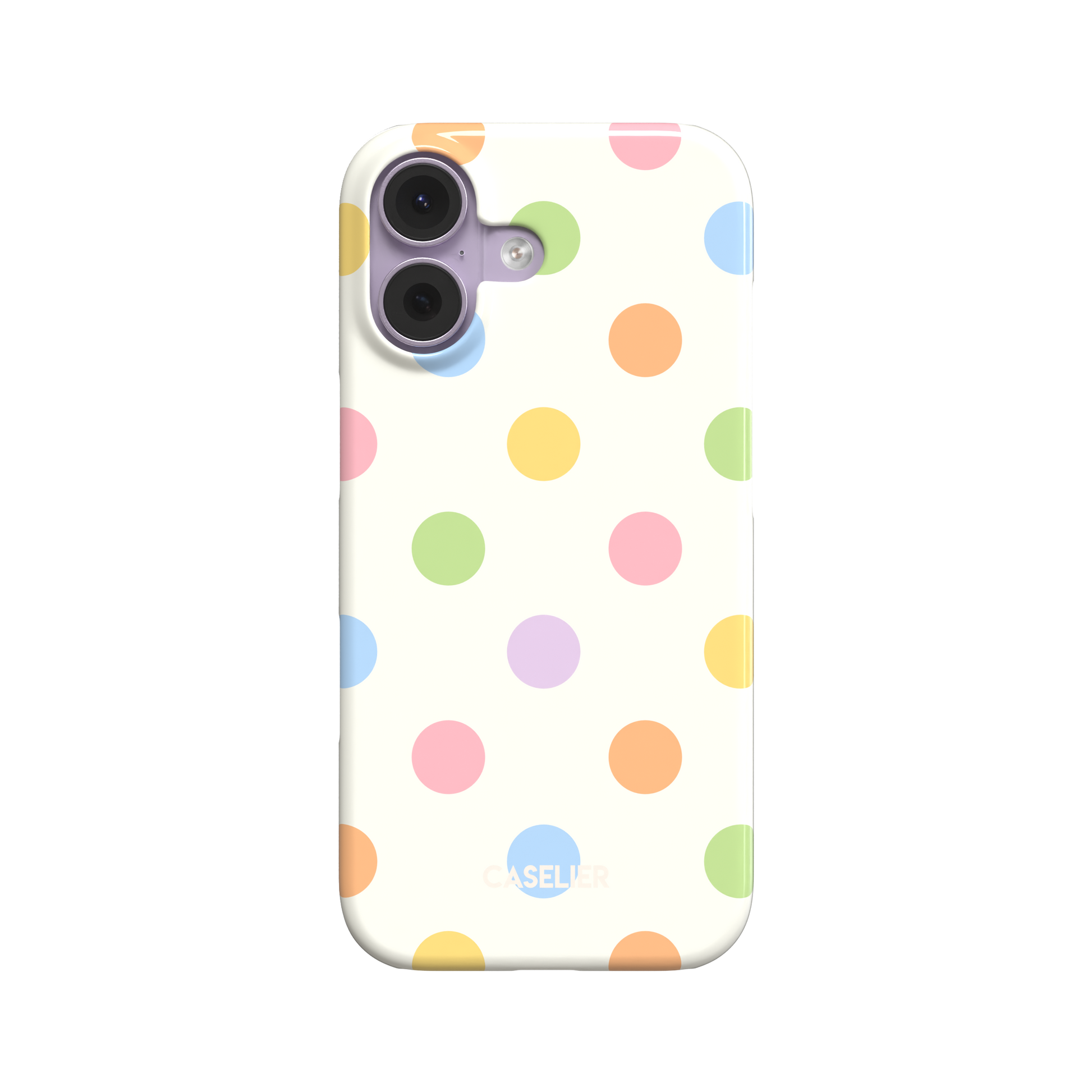 Polka Spots phone case in cream white with multicolour pastel polka dots in pink, orange, yellow, green, blue and lavender, slim snap case style, front-facing product shot on white background, phone case by Caselier - snap case, front view | Caselier