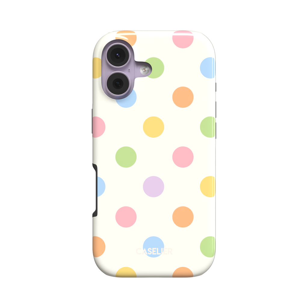 Polka Spots phone case in cream white with multicolour pastel polka dots, dual-layer tough case style showing side profile, white background, phone case by Caselier - tough case, front view | Caselier