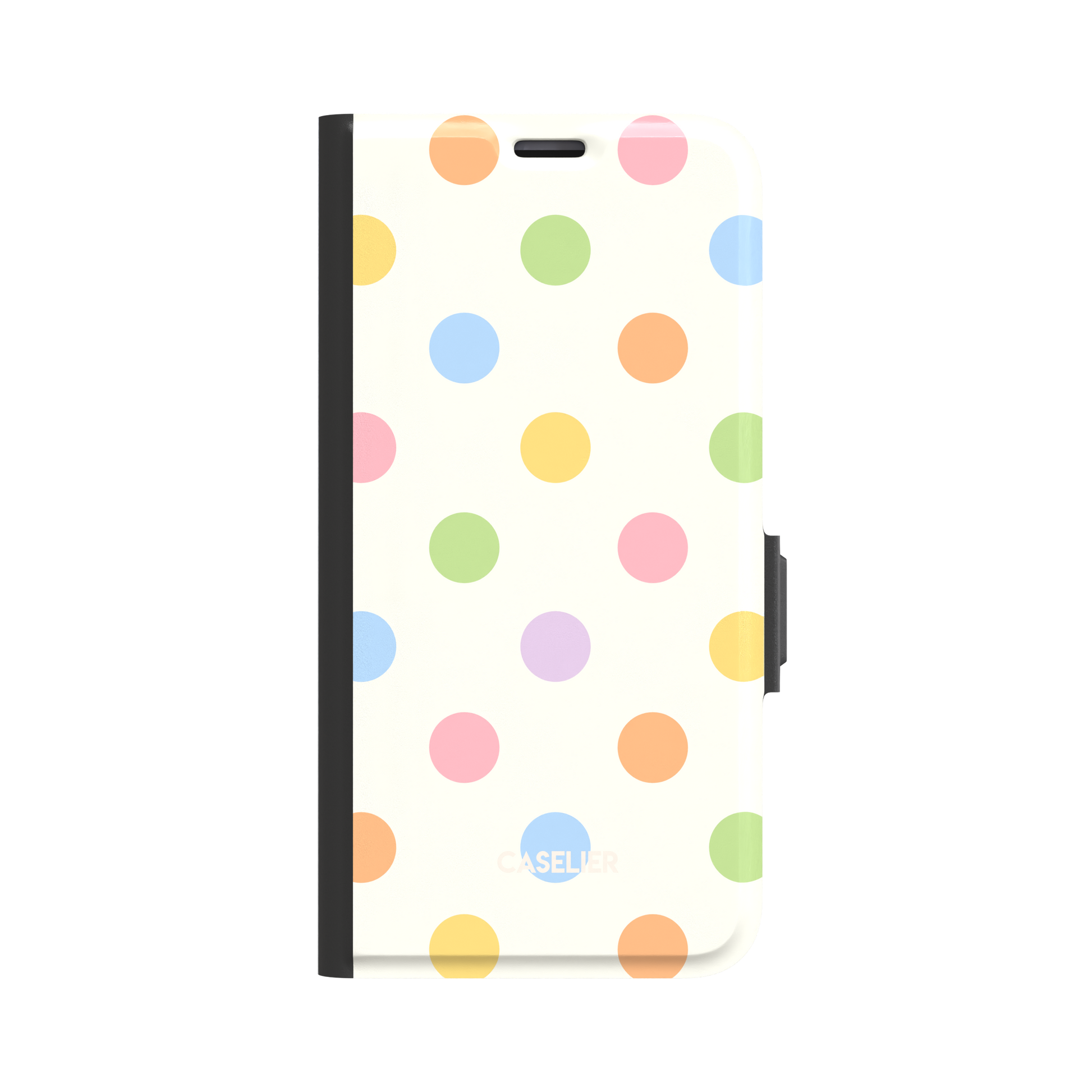 Polka Spots folio wallet case in cream white with multicolour pastel polka dots in pink, orange, yellow, green, blue and lavender, black spine and clasp, front-facing product shot on white background, phone case by Caselier - wallet case, front view | Caselier