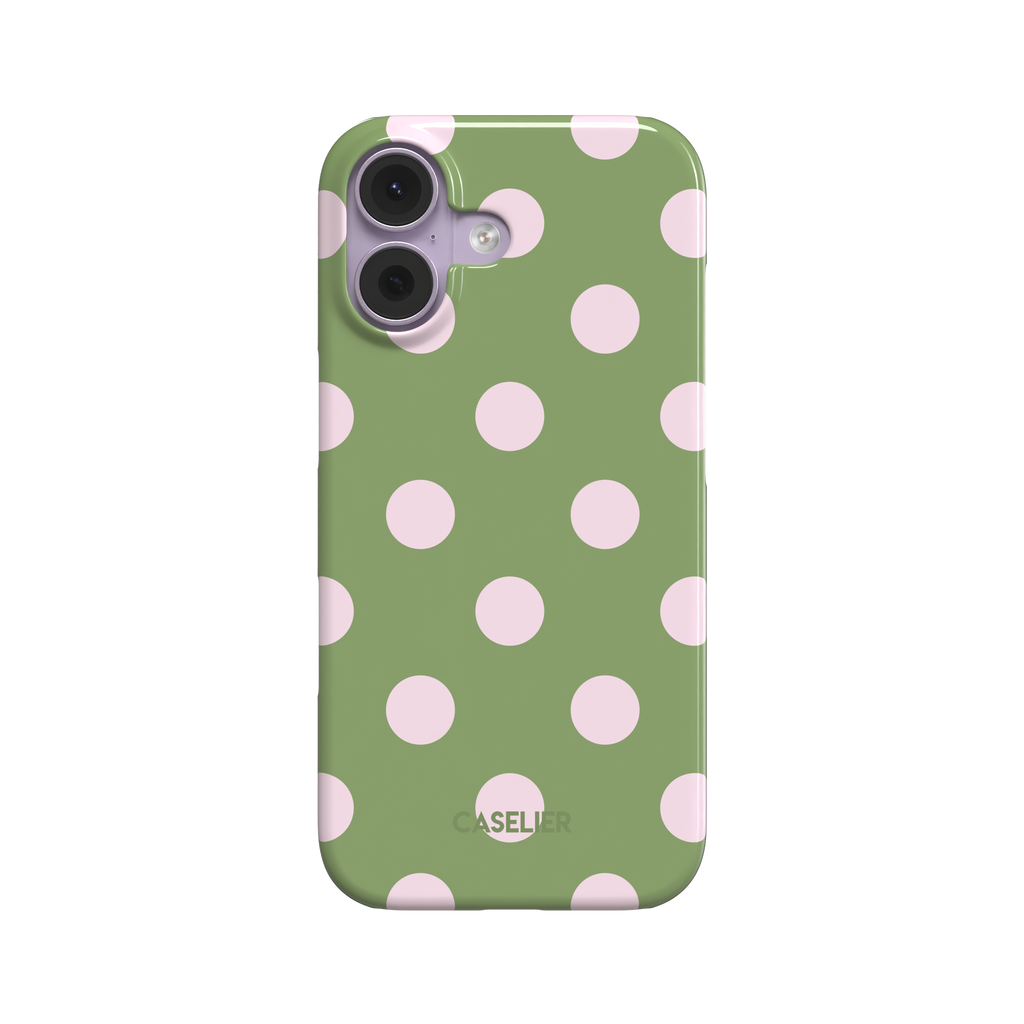 Polka Spots phone case in sage green with soft pink polka dots, slim snap case style, front-facing product shot on white background, phone case by Caselier - snap case, front view | Caselier