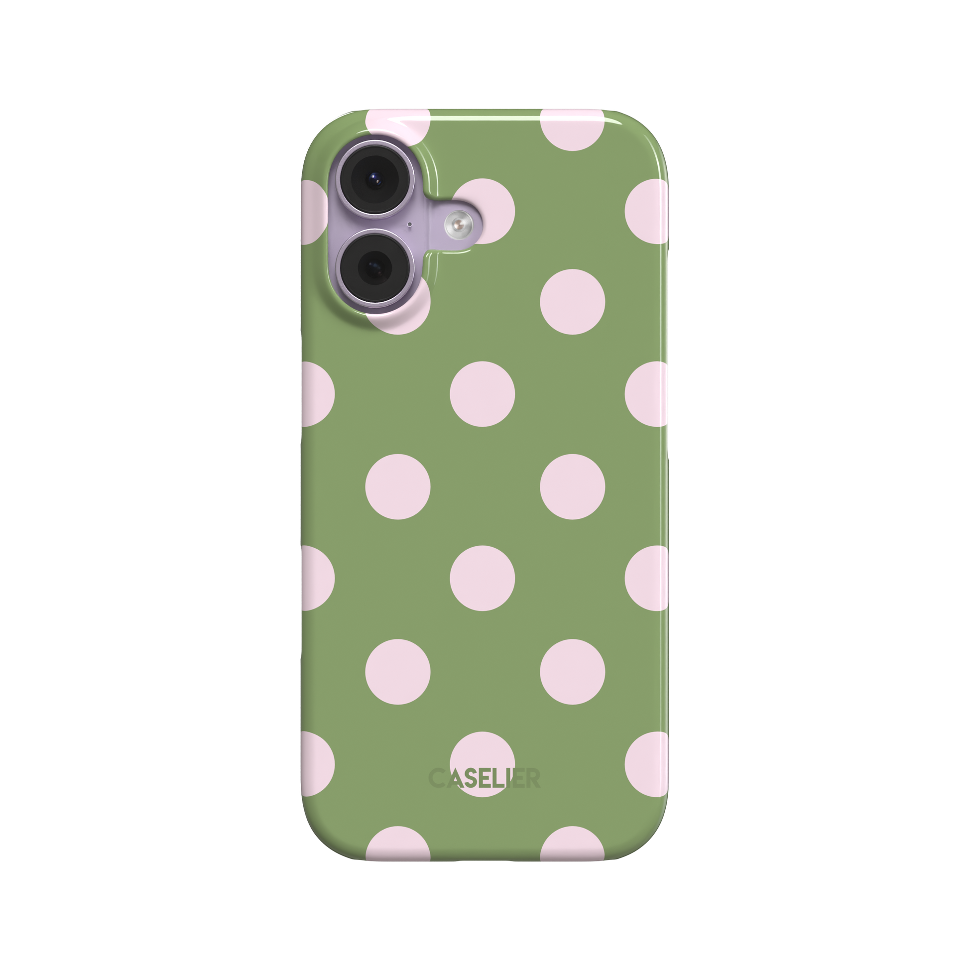 Polka Spots phone case in sage green with soft pink polka dots, slim snap case style, front-facing product shot on white background, phone case by Caselier - snap case, front view | Caselier