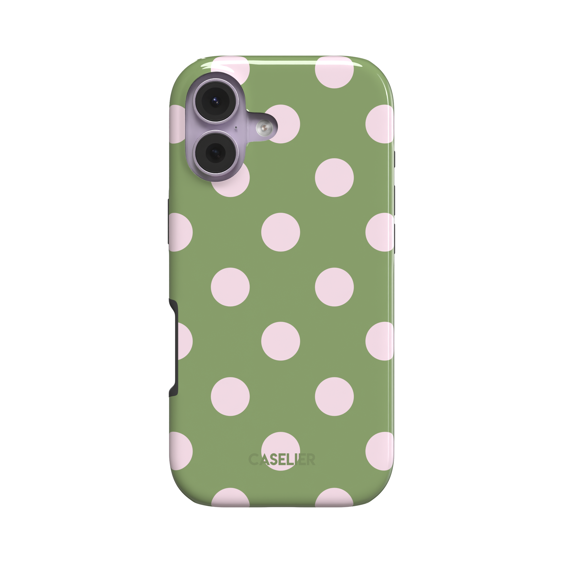 Polka Spots phone case in sage green with soft pink polka dots, dual-layer tough case style showing side profile, white background, phone case by Caselier - tough case, front view | Caselier