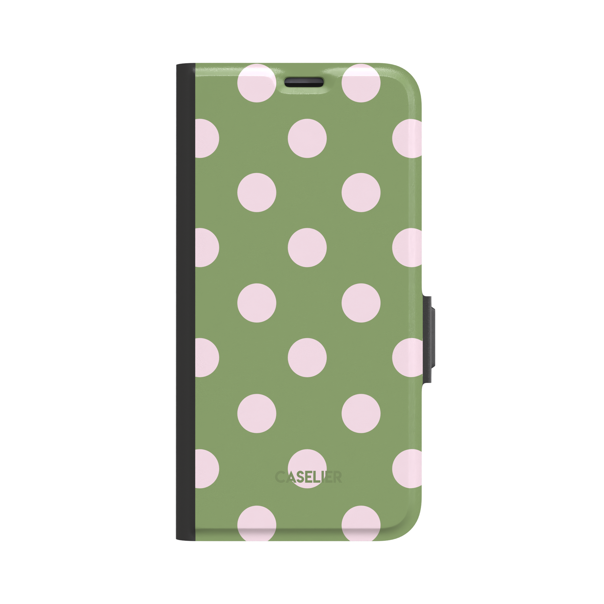 Polka Spots folio wallet case in sage green with soft pink polka dots, black spine and clasp, front-facing product shot on white background, phone case by Caselier - wallet case, front view | Caselier