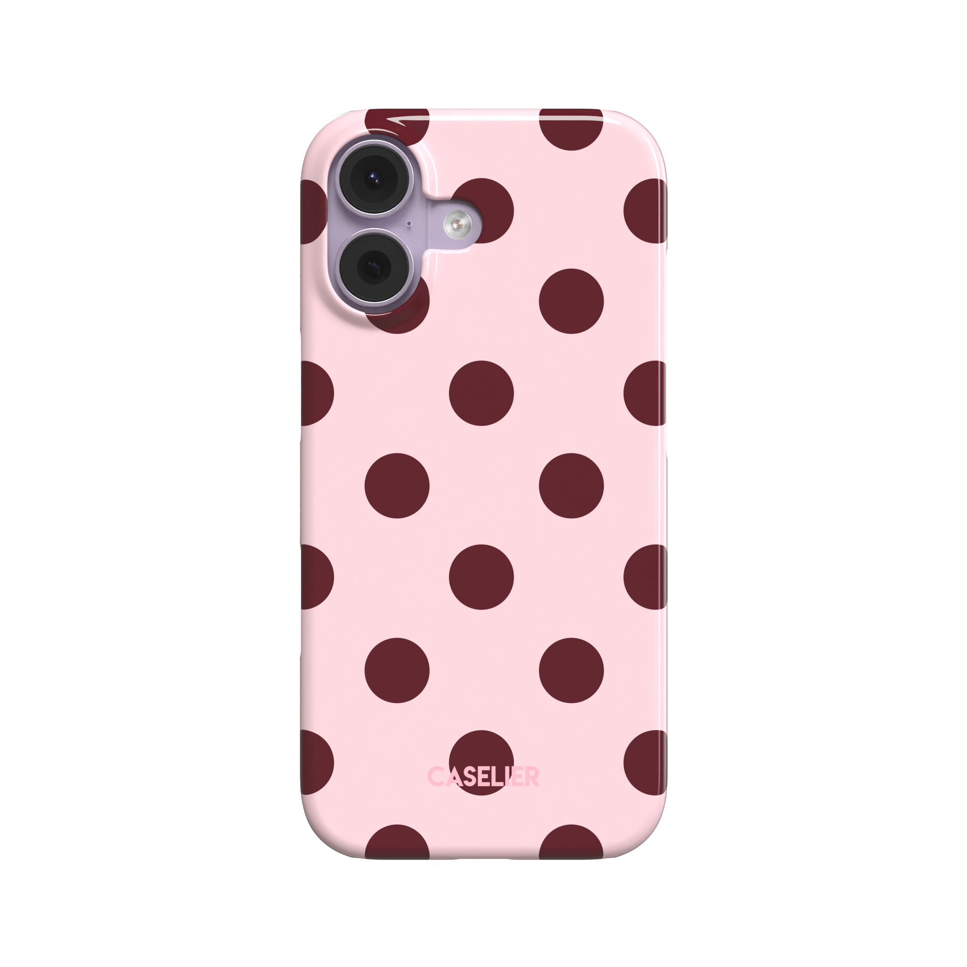 Polka Spots phone case in blush pink with deep burgundy polka dots, slim snap case style, front-facing product shot on white background, phone case by Caselier - snap case, front view | Caselier