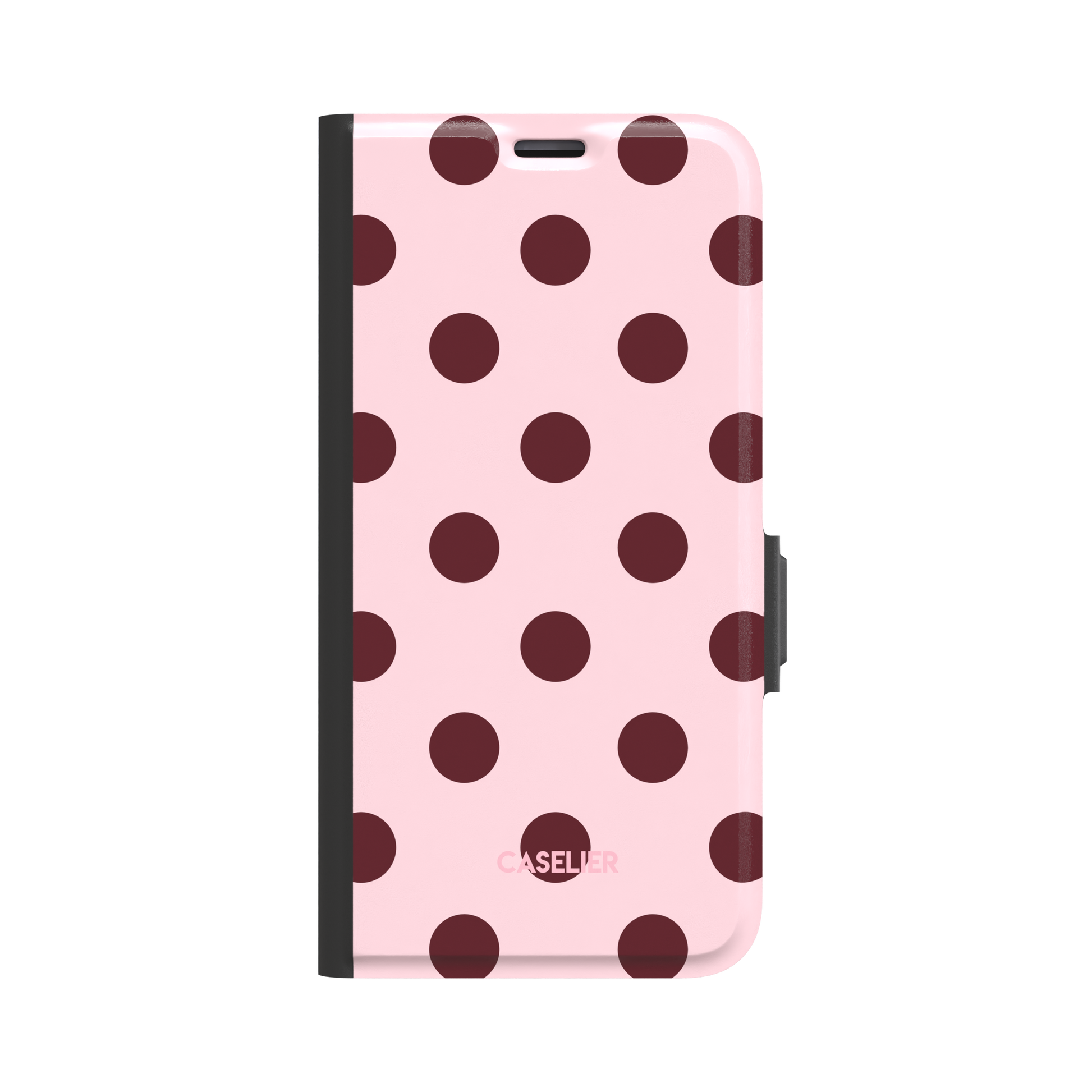 Polka Spots folio wallet case in blush pink with deep burgundy polka dots, black spine and clasp, front-facing product shot on white background, phone case by Caselier - wallet case, front view | Caselier