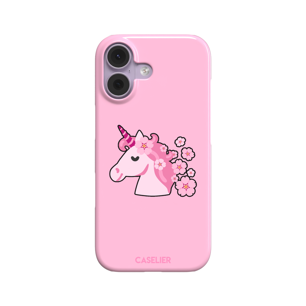 Pink phone case featuring a cute cartoon unicorn with a striped horn and a cherry blossom-filled mane on a bubblegum pink background, phone case by Caselier — snap case, front view