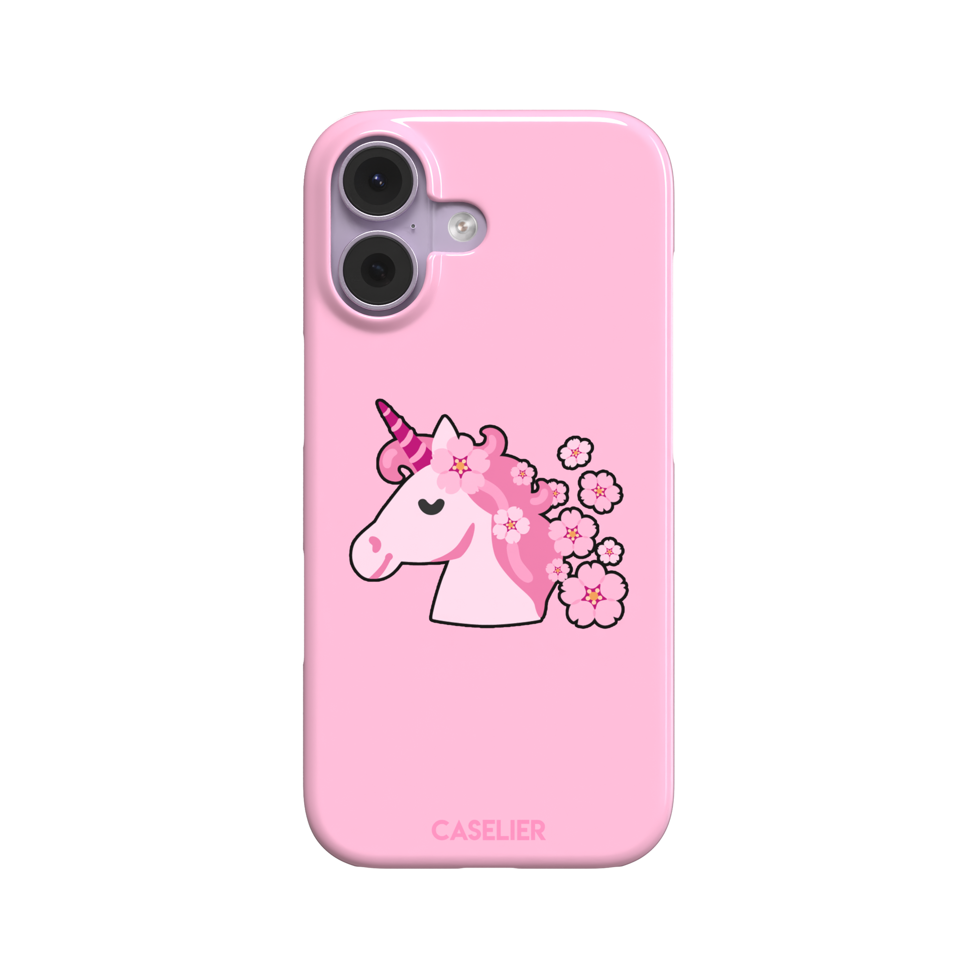 Pink phone case featuring a cute cartoon unicorn with a striped horn and a cherry blossom-filled mane on a bubblegum pink background, phone case by Caselier — snap case, front view