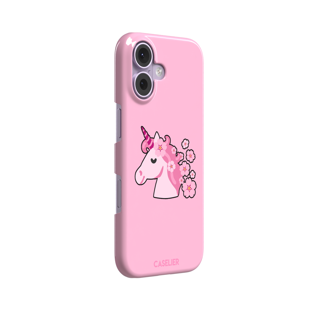 Pink phone case featuring a cute cartoon unicorn with a striped horn and a cherry blossom-filled mane on a bubblegum pink background, phone case by Caselier — snap case, left view
