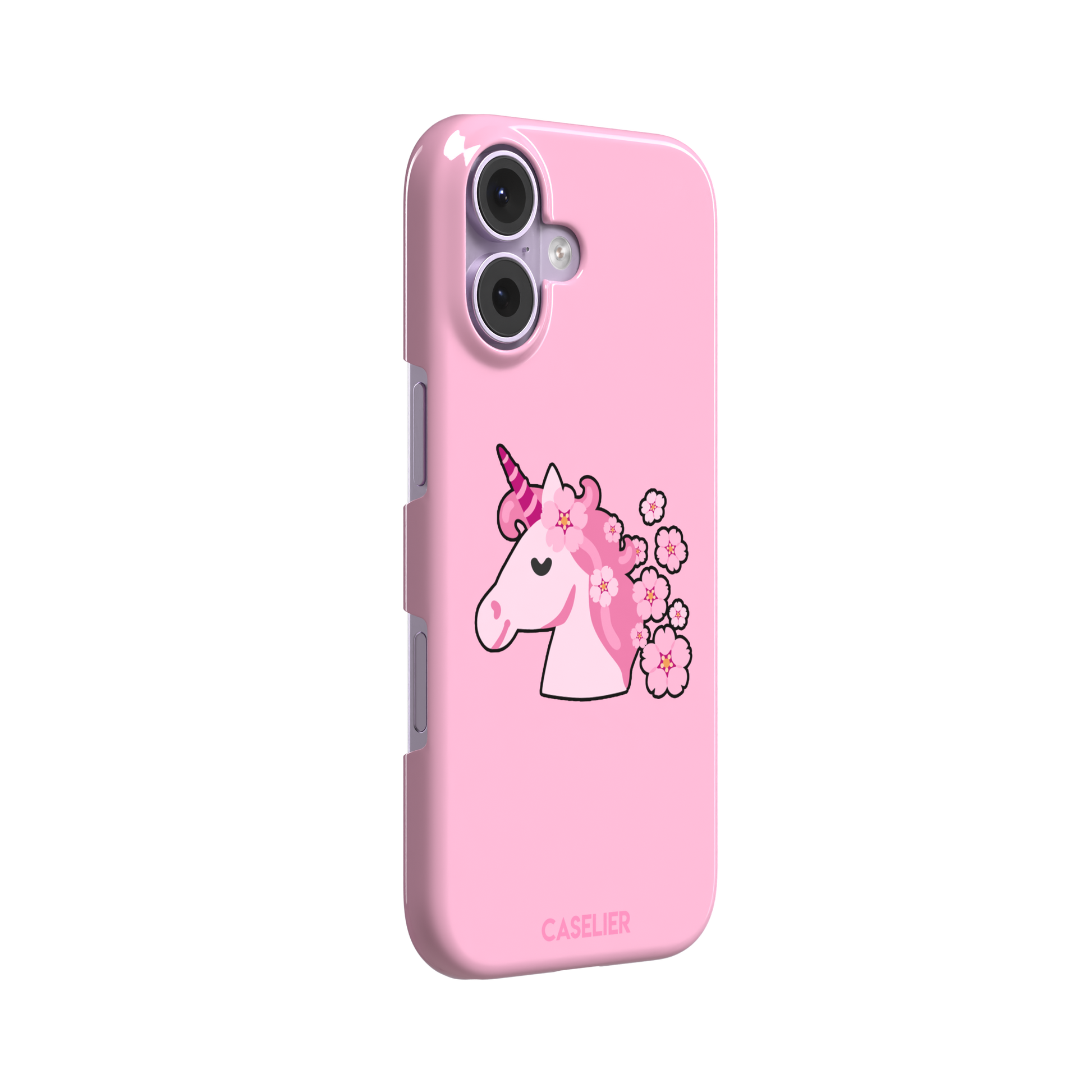 Pink phone case featuring a cute cartoon unicorn with a striped horn and a cherry blossom-filled mane on a bubblegum pink background, phone case by Caselier — snap case, left view