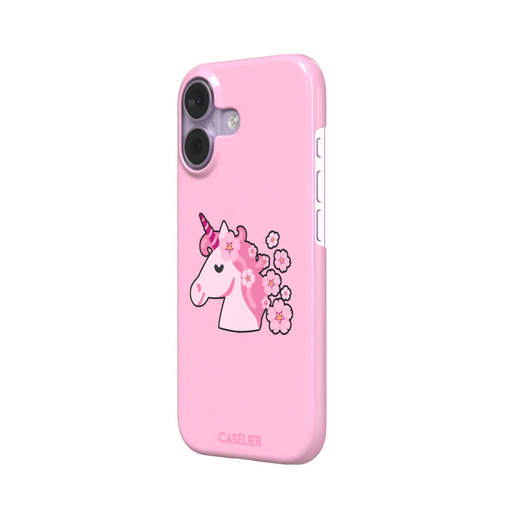 Pink phone case featuring a cute cartoon unicorn with a striped horn and a cherry blossom-filled mane on a bubblegum pink background, phone case by Caselier — snap case, right view