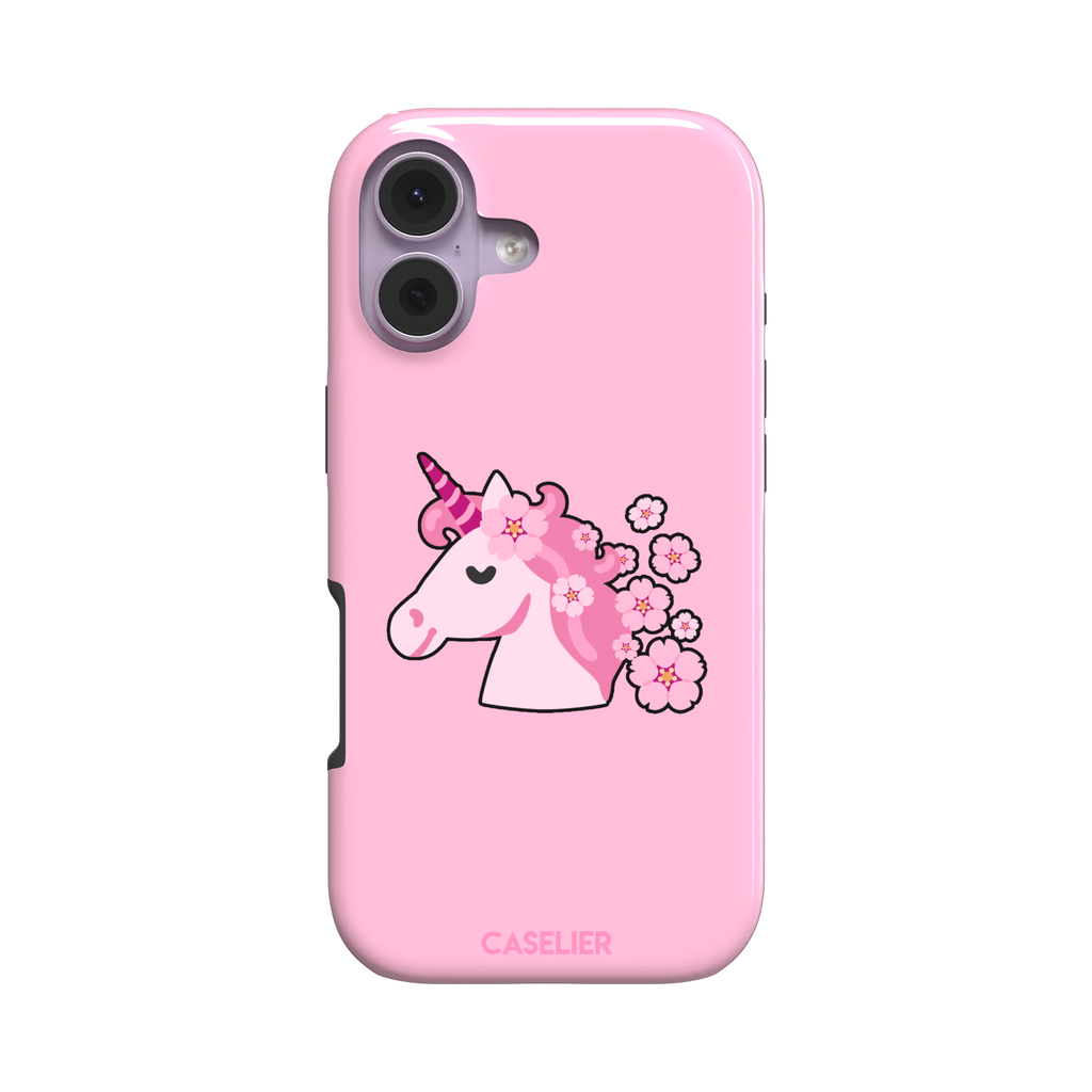 Pink phone case featuring a cute cartoon unicorn with a striped horn and a cherry blossom-filled mane on a bubblegum pink background, phone case by Caselier — tough case, front view