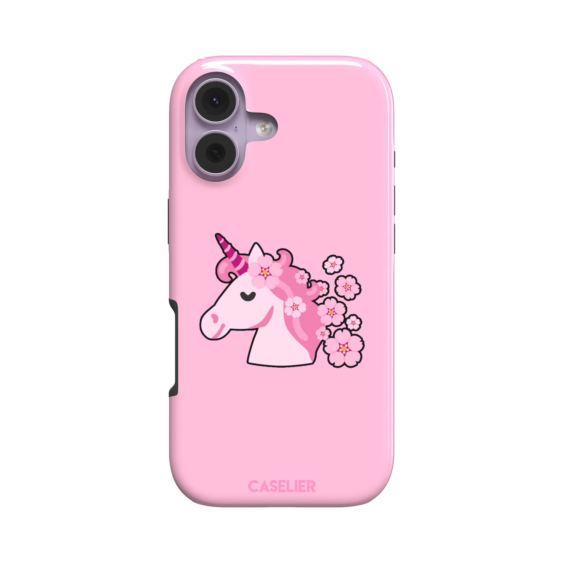 Pink phone case featuring a cute cartoon unicorn with a striped horn and a cherry blossom-filled mane on a bubblegum pink background, phone case by Caselier — tough case, front view