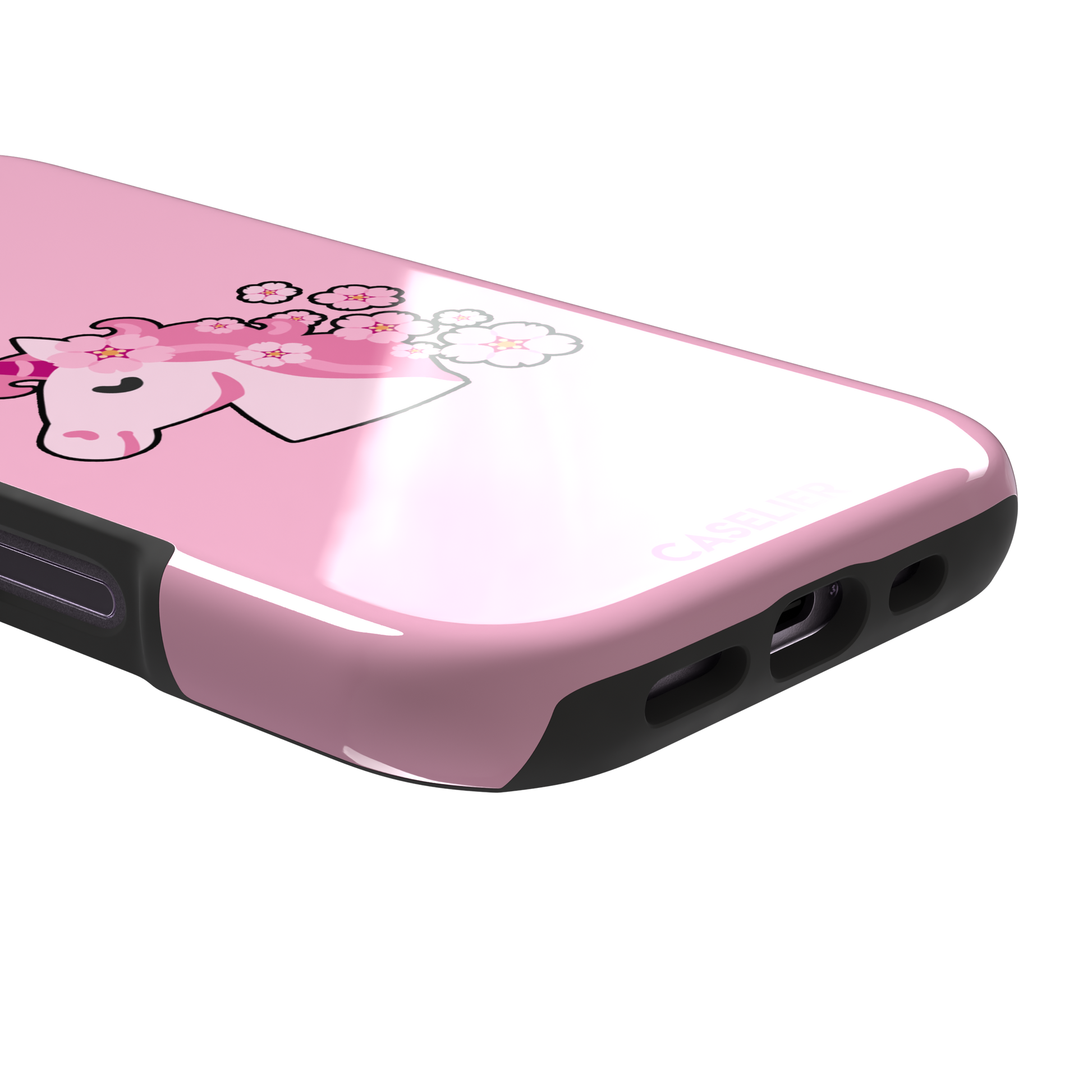 Pink phone case featuring a cute cartoon unicorn with a striped horn and a cherry blossom-filled mane on a bubblegum pink background, phone case by Caselier — tough case, charging port detail