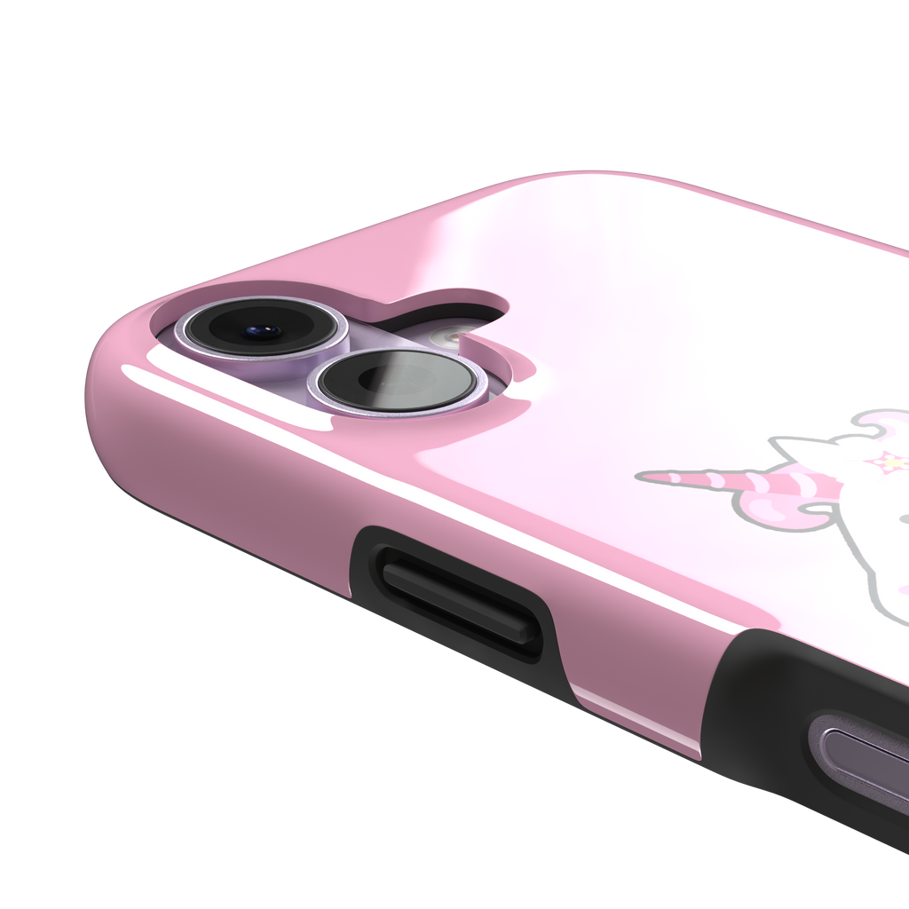 Pink phone case featuring a cute cartoon unicorn with a striped horn and a cherry blossom-filled mane on a bubblegum pink background, phone case by Caselier — tough case, volume buttons detail