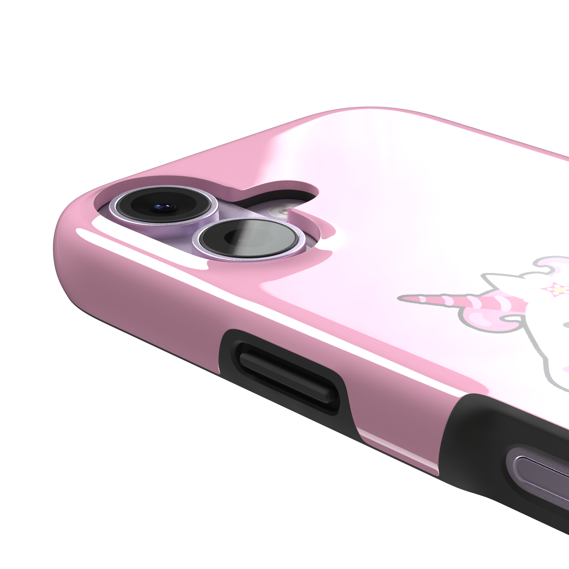 Pink phone case featuring a cute cartoon unicorn with a striped horn and a cherry blossom-filled mane on a bubblegum pink background, phone case by Caselier — tough case, volume buttons detail