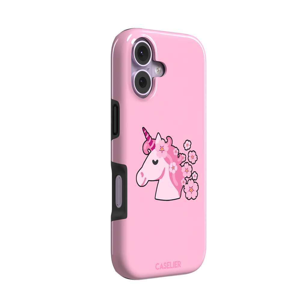 Pink phone case featuring a cute cartoon unicorn with a striped horn and a cherry blossom-filled mane on a bubblegum pink background, phone case by Caselier — tough case, left view