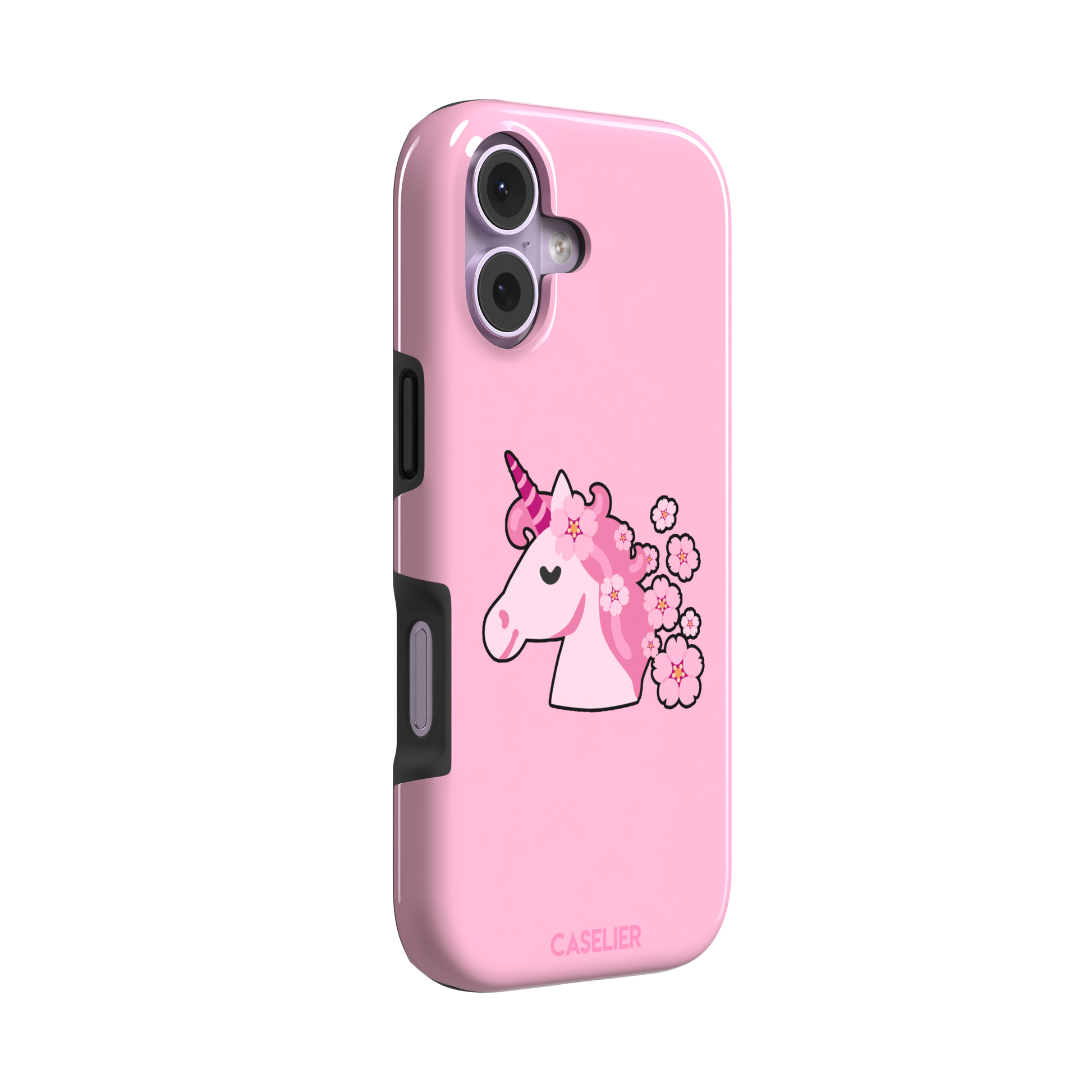 Pink phone case featuring a cute cartoon unicorn with a striped horn and a cherry blossom-filled mane on a bubblegum pink background, phone case by Caselier — tough case, left view