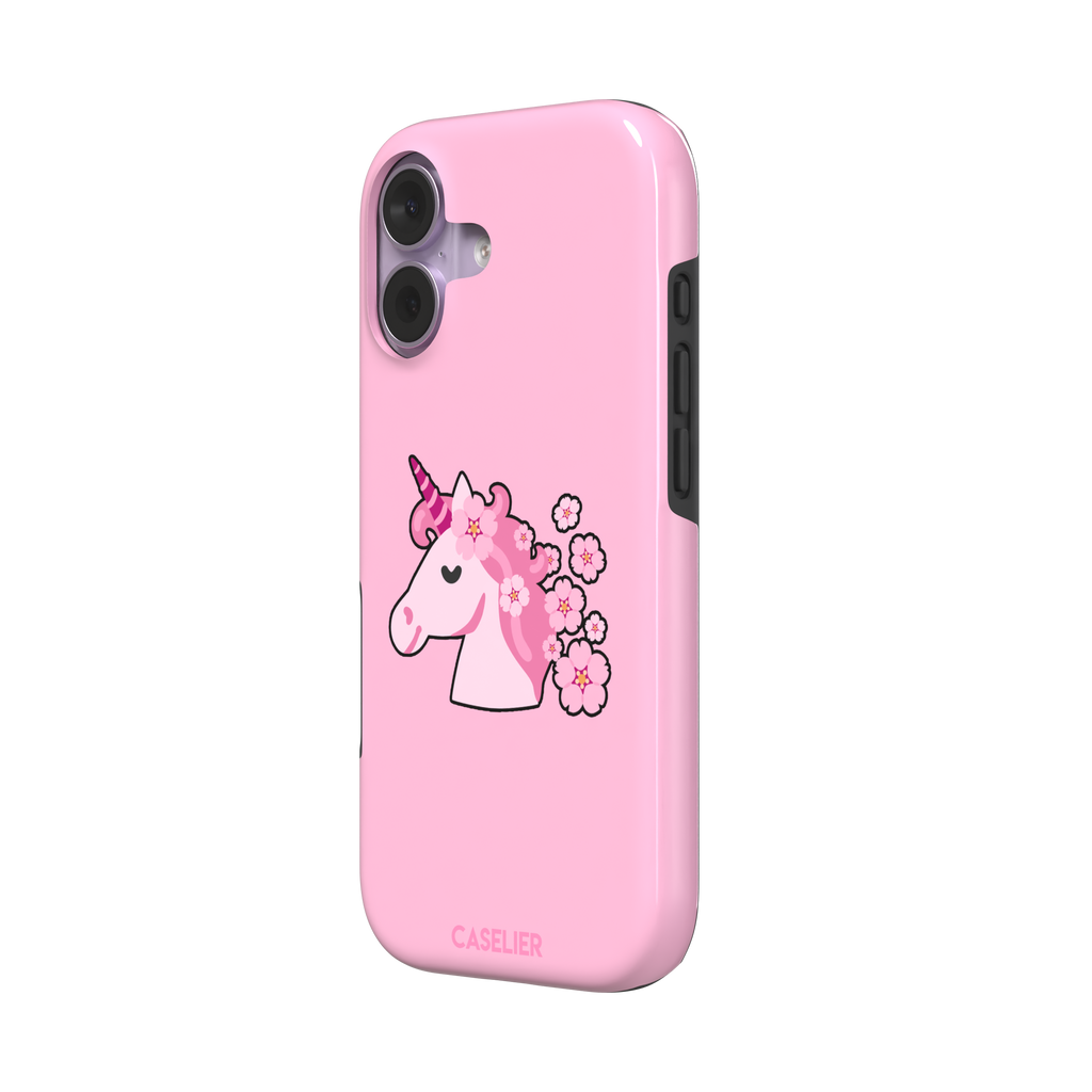 Pink phone case featuring a cute cartoon unicorn with a striped horn and a cherry blossom-filled mane on a bubblegum pink background, phone case by Caselier — tough case, right view