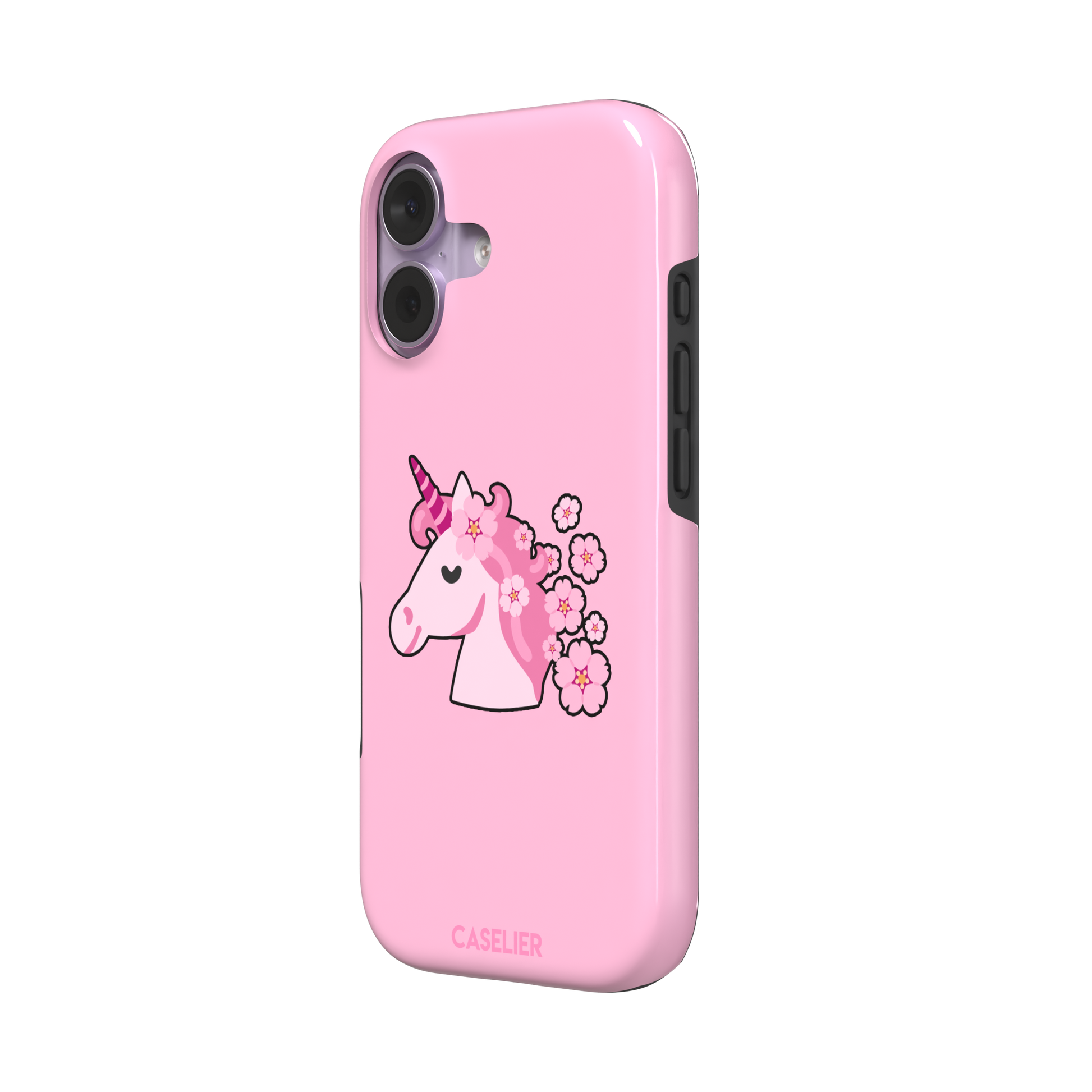 Pink phone case featuring a cute cartoon unicorn with a striped horn and a cherry blossom-filled mane on a bubblegum pink background, phone case by Caselier — tough case, right view