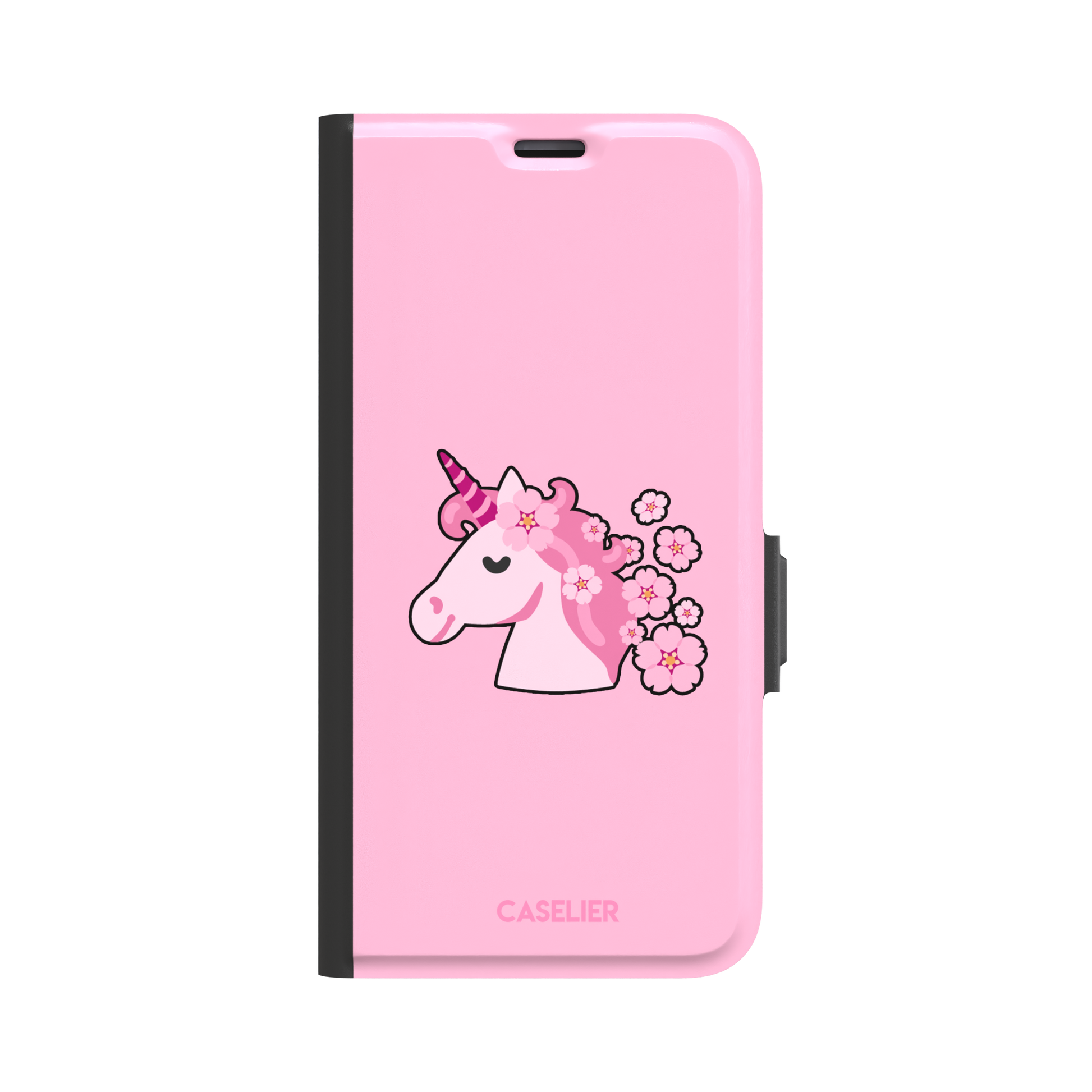 Pink phone case featuring a cute cartoon unicorn with a striped horn and a cherry blossom-filled mane on a bubblegum pink background, phone case by Caselier — wallet case, front view