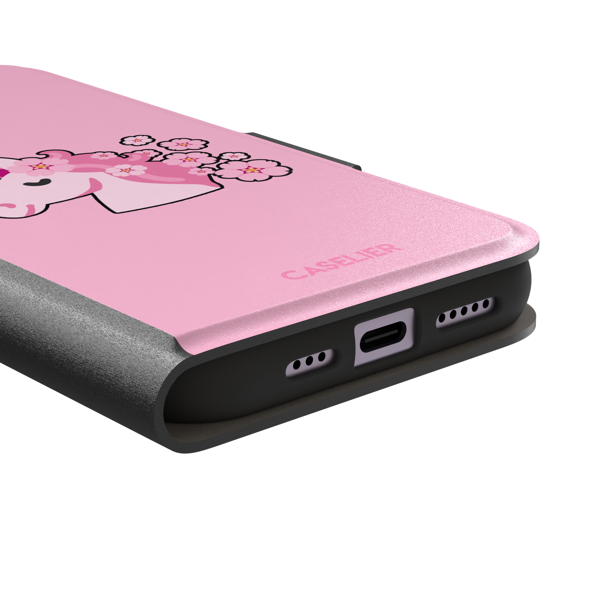 Pink phone case featuring a cute cartoon unicorn with a striped horn and a cherry blossom-filled mane on a bubblegum pink background, phone case by Caselier — wallet case, charging port detail